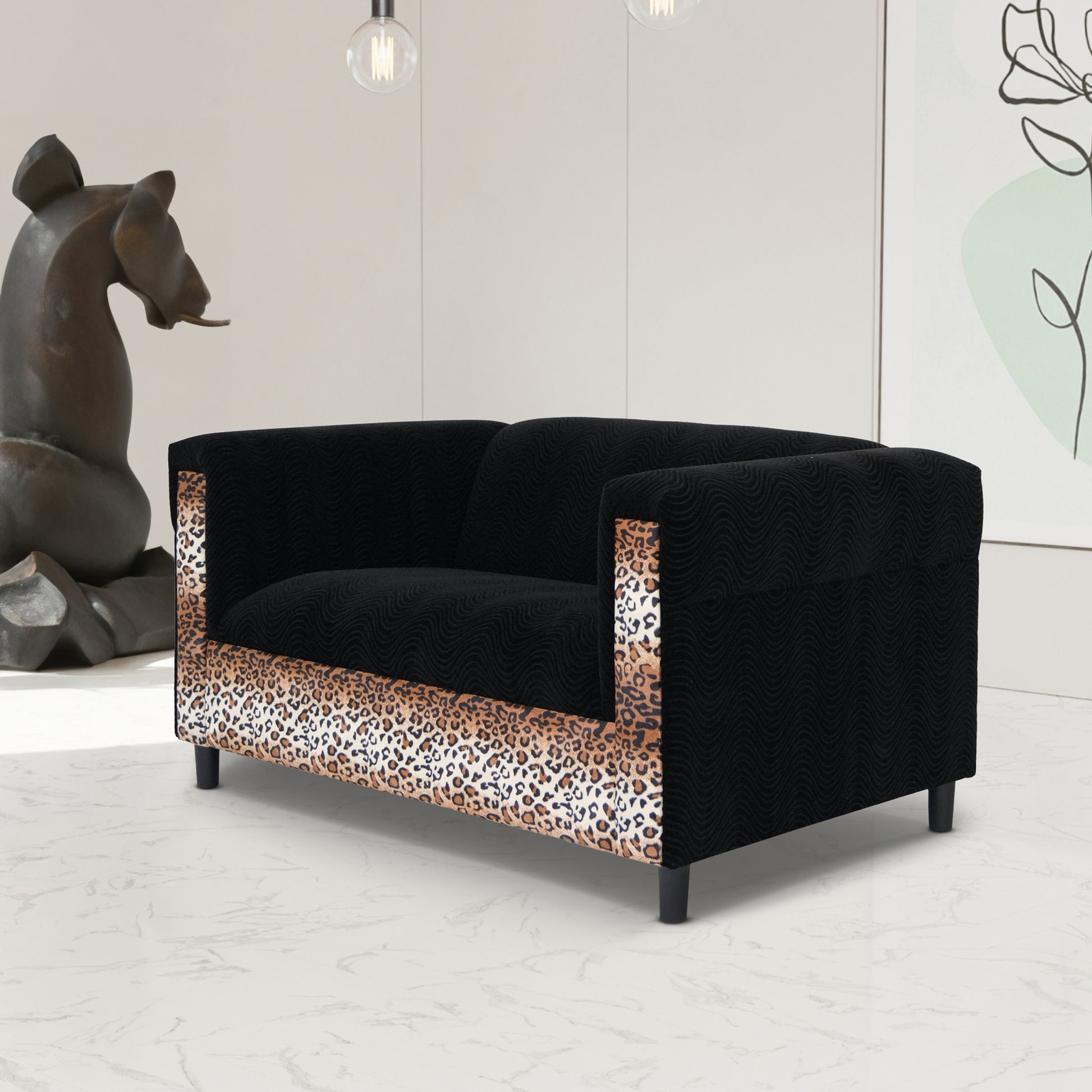 Black Velvet Loveseat Sofa For Living Room With Leopard Print, Modern D Cor Beautiful Seat Mini Small Couches For Small Spaces And Bedroom With Solid Wood Frame Black Wood Foam Velvet