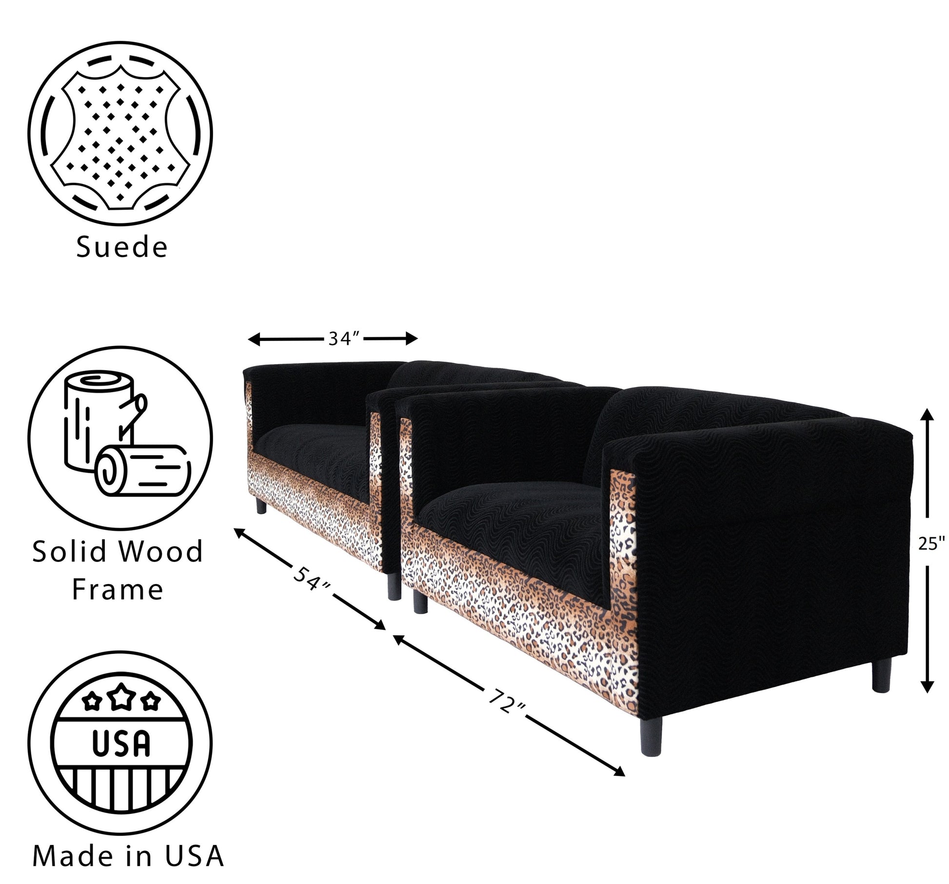 Black Velvet Loveseat And Sofa Set For Living Room With Leopard Print, Modern D Cor Couch Sets For Living Room, Bedrooms With Solid Wood Frame Black Wood Foam Velvet