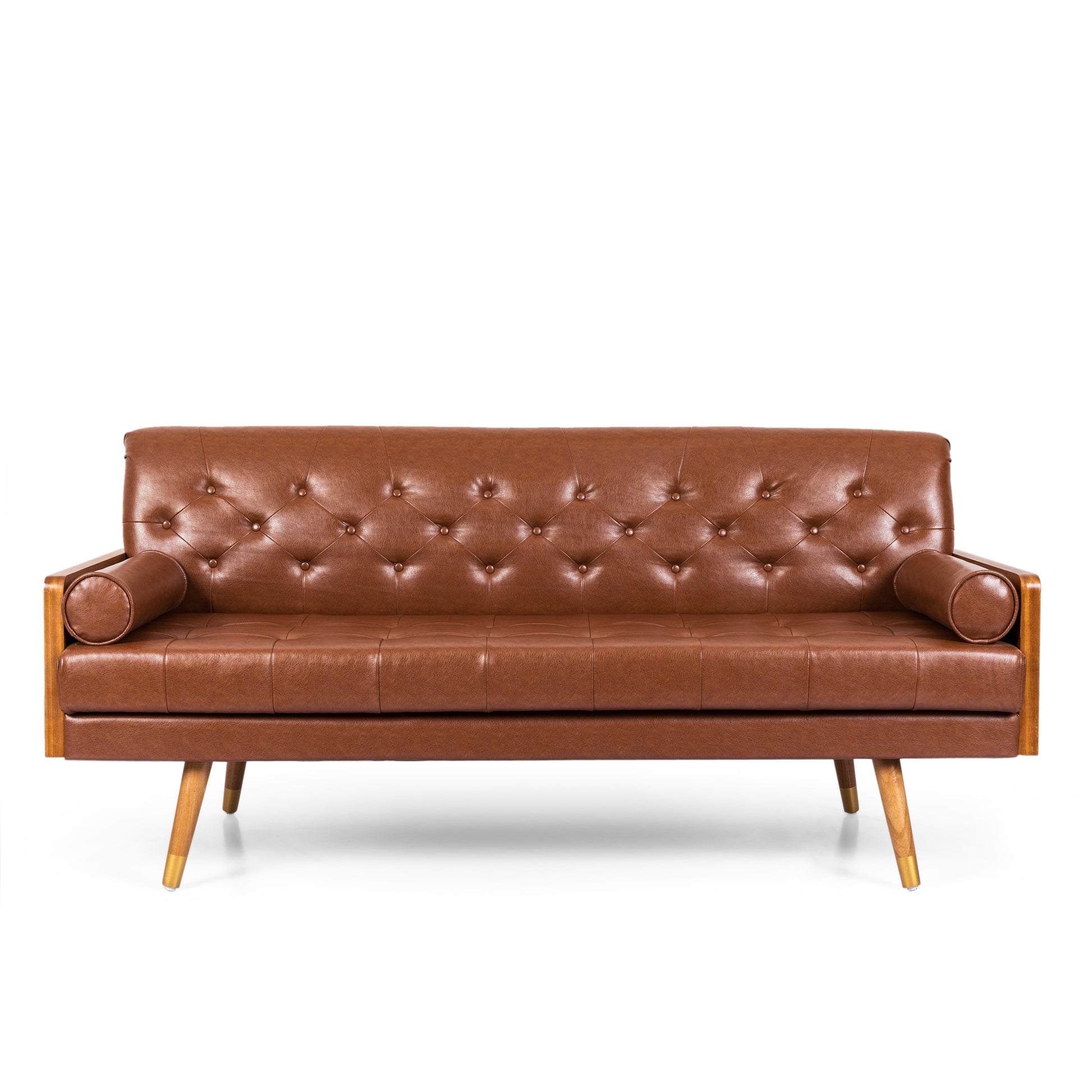 Adelaide Mid Century Modern Tufted Sofa With Rolled Accent Pillows Light Brown Pu