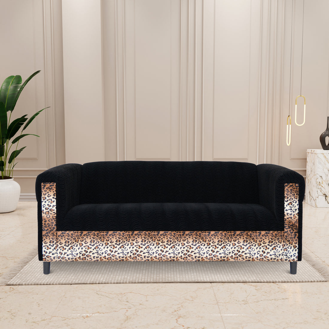 Black Velvet Sofa With Leopard Print, Modern 3 Seater Sofas Couches For Living Room, Bedroom, Office, And Apartment With Solid Wood Frame Black Wood Foam Velvet