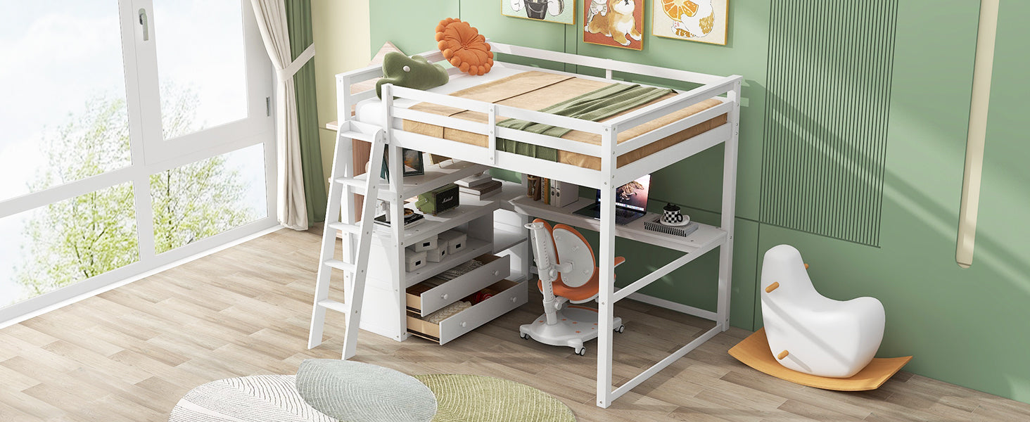 Full Size Loft Bed With Desk And Shelves,Two Built In Drawers,White Old Sku: Sm000416Aak Box Spring Not Required Full White Wood Bedroom Pine