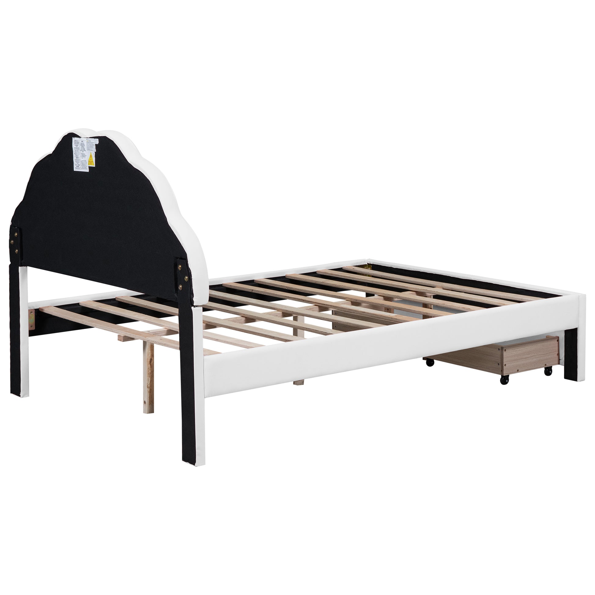 Full Size Upholstered Platform Bed With Seashell Shaped Headboard, Led And 2 Drawers, White Box Spring Not Required Full White Wood Bedroom Bed Frame Faux Leather Upholstered