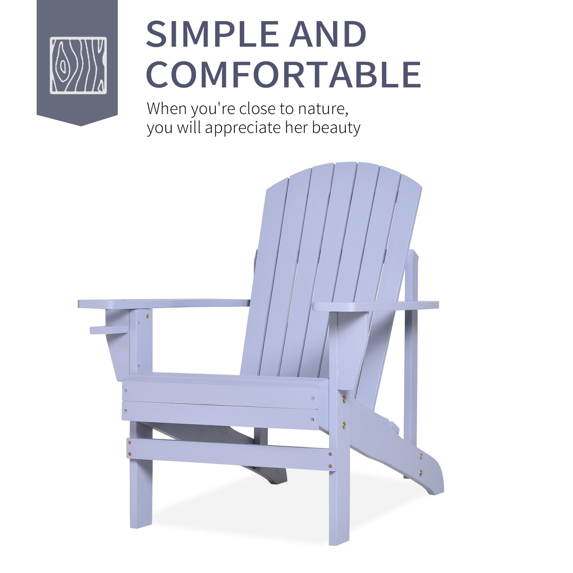 Wooden Adirondack Chair, Outdoor Patio Lawn Chair With Cup Holder, Weather Resistant Lawn Furniture, Classic Lounge For Deck, Garden, Backyard, Fire Pit, Gray Gray Wood