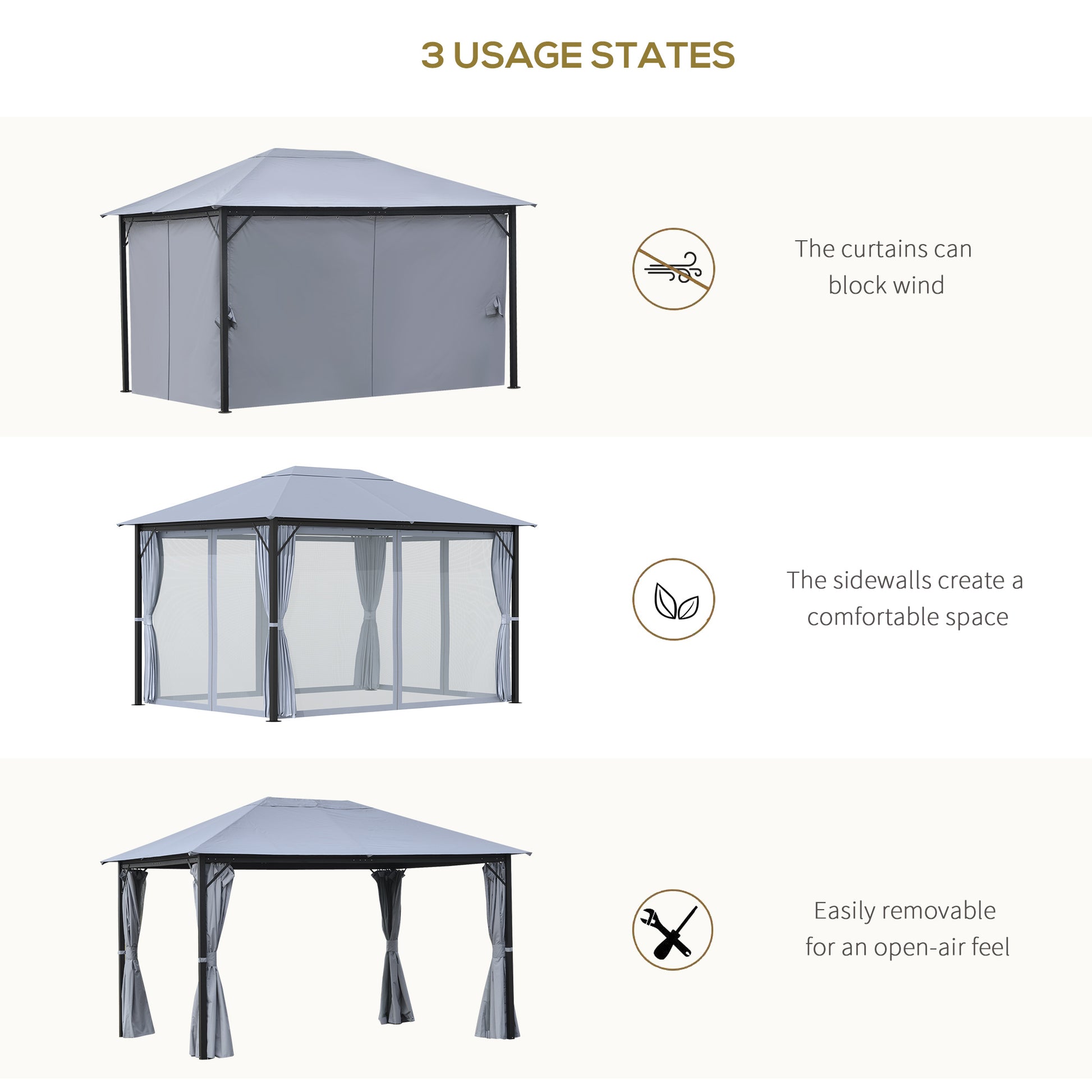 10' X 13' Patio Gazebo, Aluminum Frame, Outdoor Gazebo Canopy Shelter With Netting & Curtains, Garden, Lawn, Backyard And Deck, Gray Grey Metal