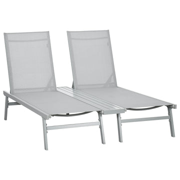 Chaise Lounge Pool Chairs Set Of 2, Aluminum Outdoor Sun Tanning Chairs With Five Position Reclining Back, Shelf &Mesh For Beach, Yard, Patio, Light Gray Gray Metal