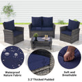 4 Pieces Outdoor Patio Furniture Sets Garden Rattan Chair Wicker Set, Poolside Lawn Chairs With Tempered Glass Coffee Table Porch Furniture, Gray Rattan Dark Blue Color Cushion Yes Complete Patio Set Dark Gray Water Resistant Frame Water Resistant