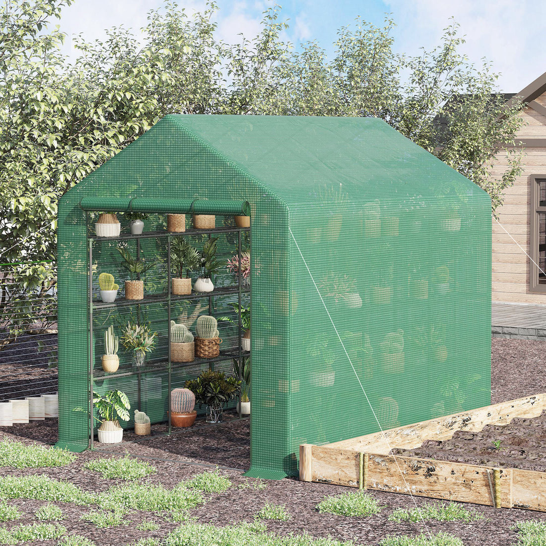 Walk In Greenhouse For Outdoors With Roll Up Zipper Door, 18 Shelves, Pe Cover, Small & Portable Build, Heavy Duty Humidity Seal, 95.25" X 70.75" X 82.75", Green Green Polyethylene