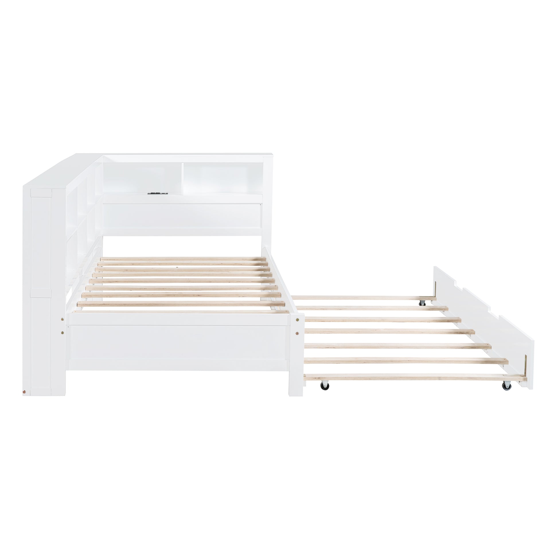 Wooden Twin Size Daybed With Twin Trundle, Daybed With Storage Shelf And Usb Charging Ports,White Twin White Wood