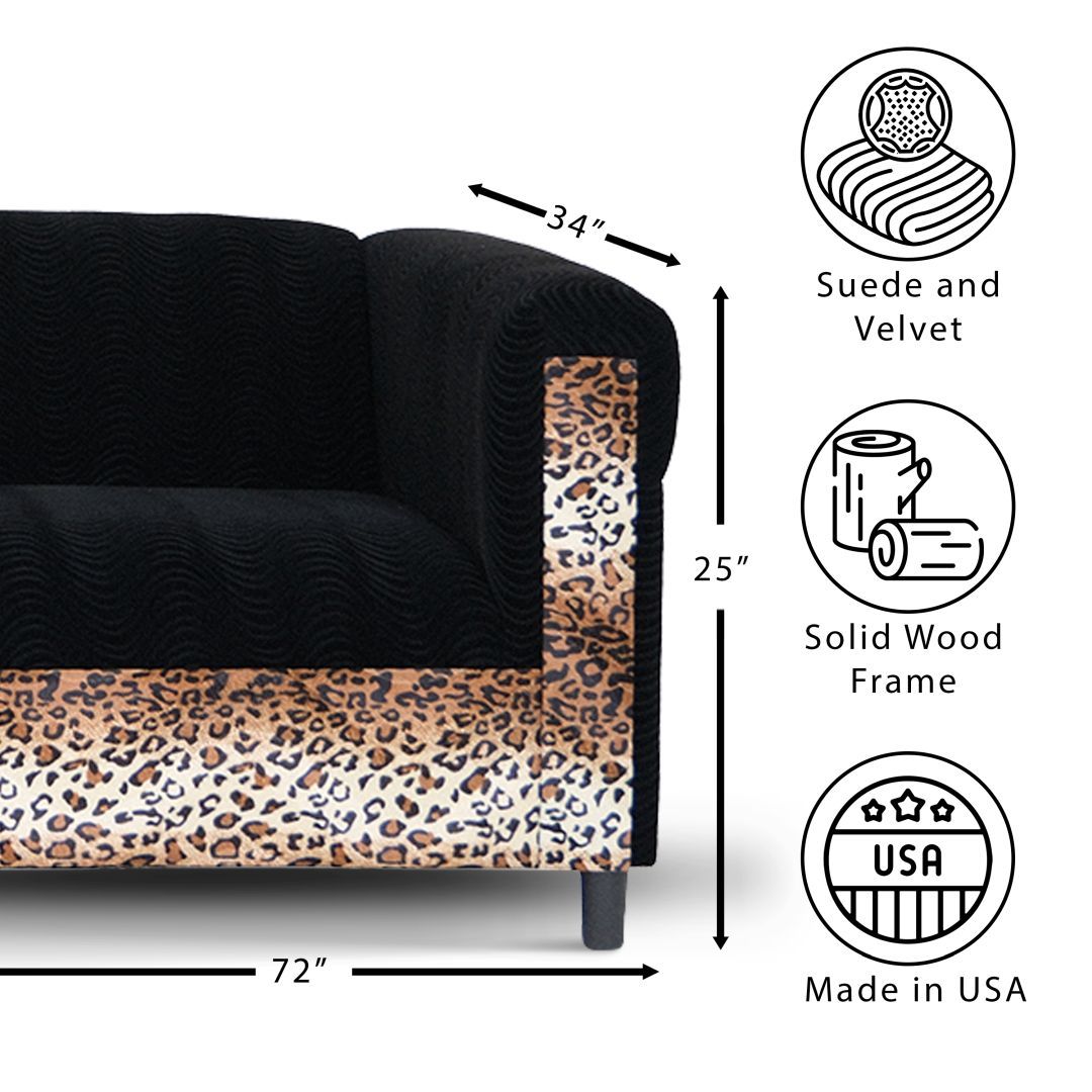 Black Velvet Sofa With Leopard Print, Modern 3 Seater Sofas Couches For Living Room, Bedroom, Office, And Apartment With Solid Wood Frame Black Wood Foam Velvet