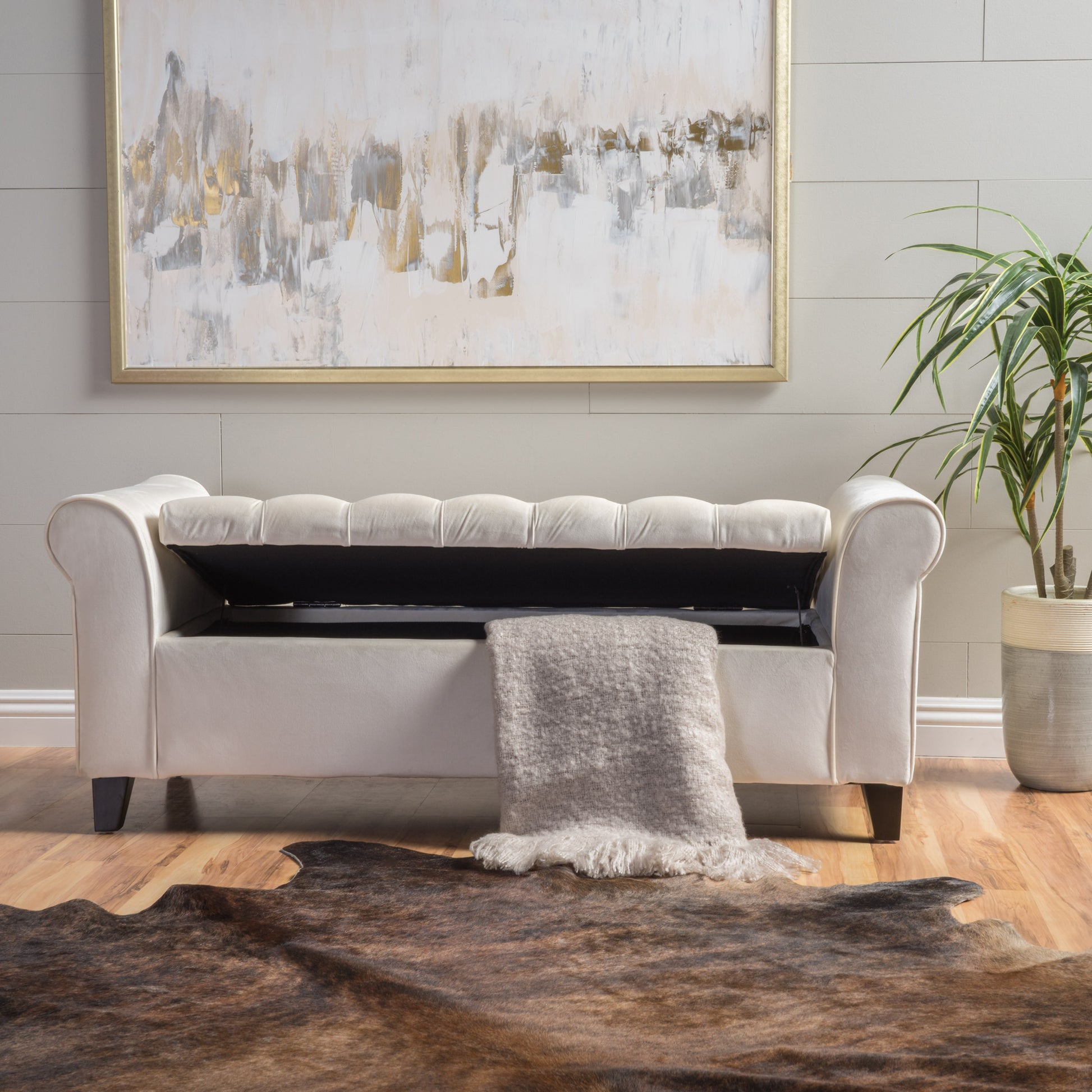 Hayes Armed Storage Bench Ivory Velvet