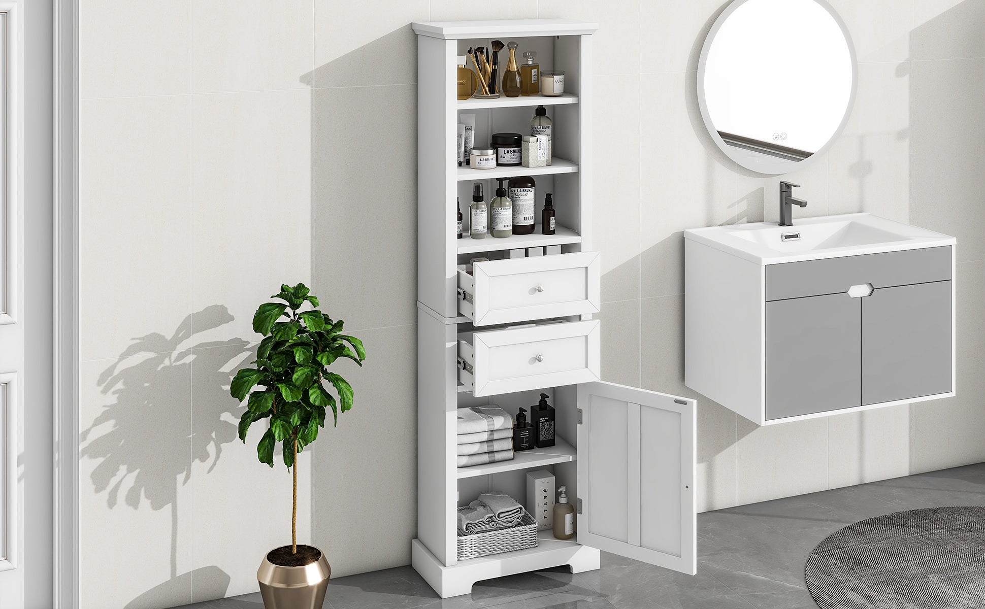 Tall Bathroom Storage Cabinet,Cabinet With One Door And Two Drawers, Freestanding Storage Adjustable Shelf, Mdf Board,White White Mdf