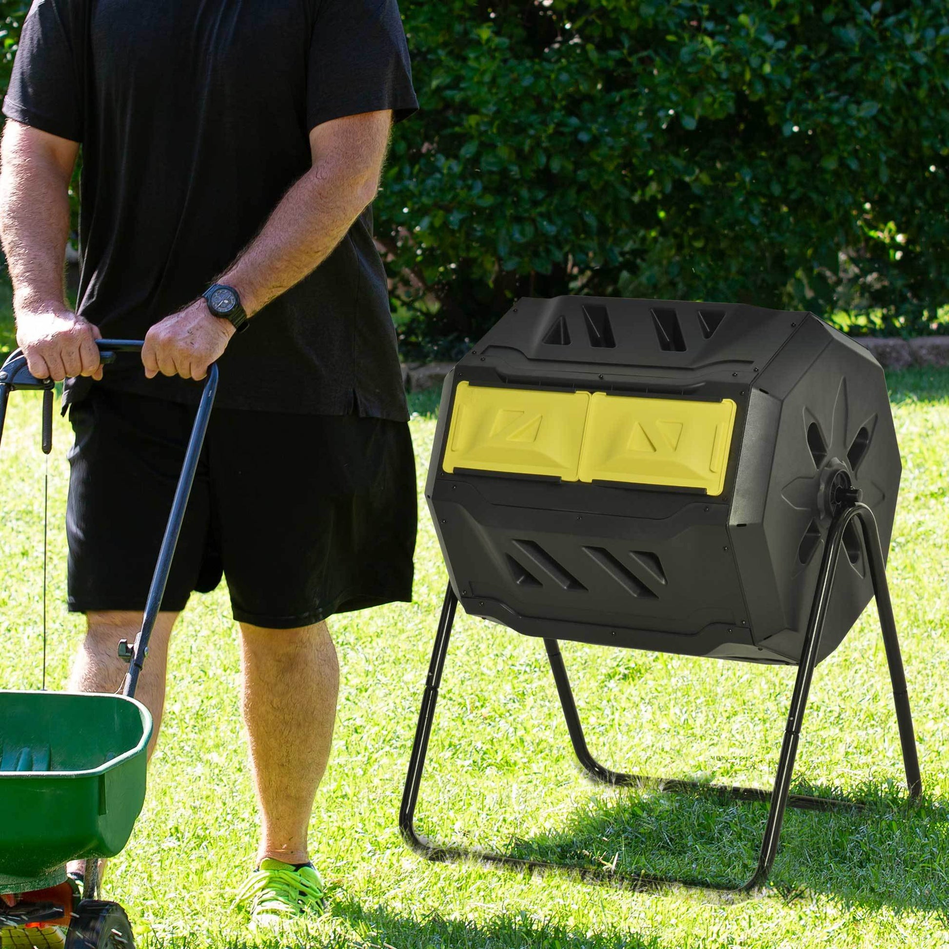 Tumbling Compost Bin Outdoor 360 Dual Rotating Composter 43 Gallon, Yellow Yellow Polypropylene