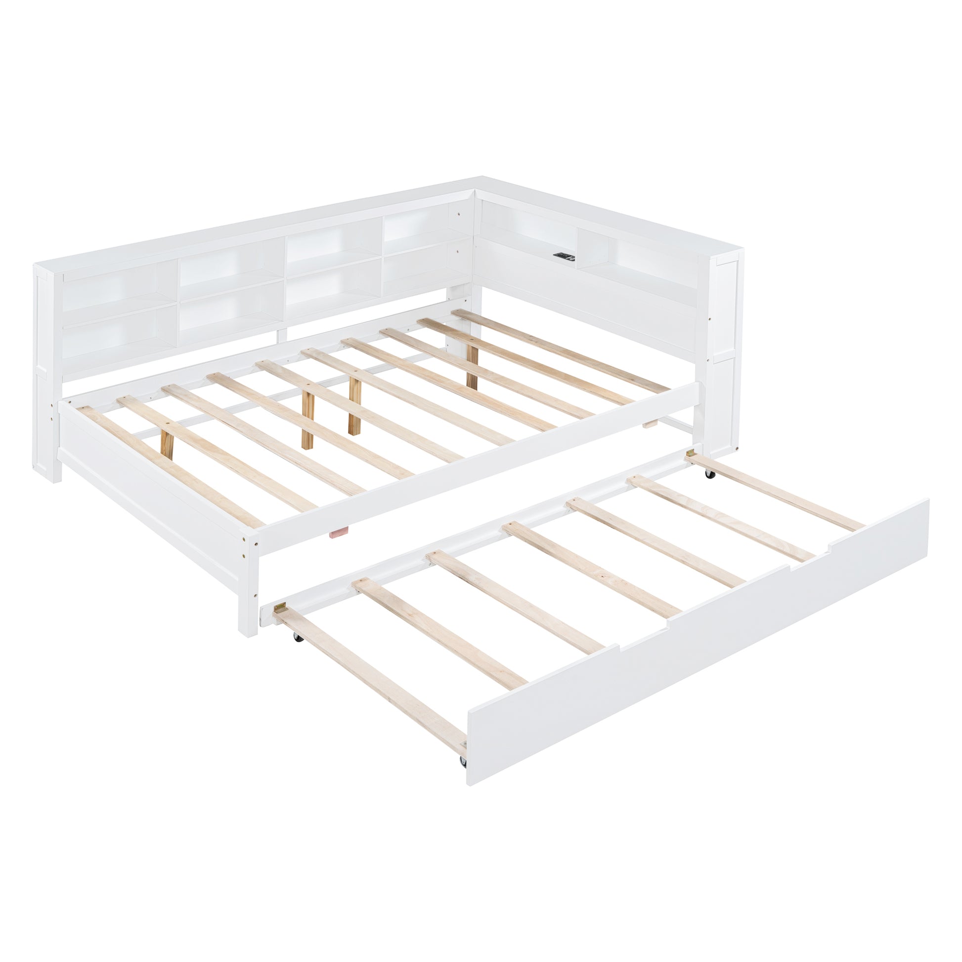 Wooden Full Size Daybed With Twin Size Trundle, Daybed With Storage Shelf And Usb Charging Ports,White Full White Wood