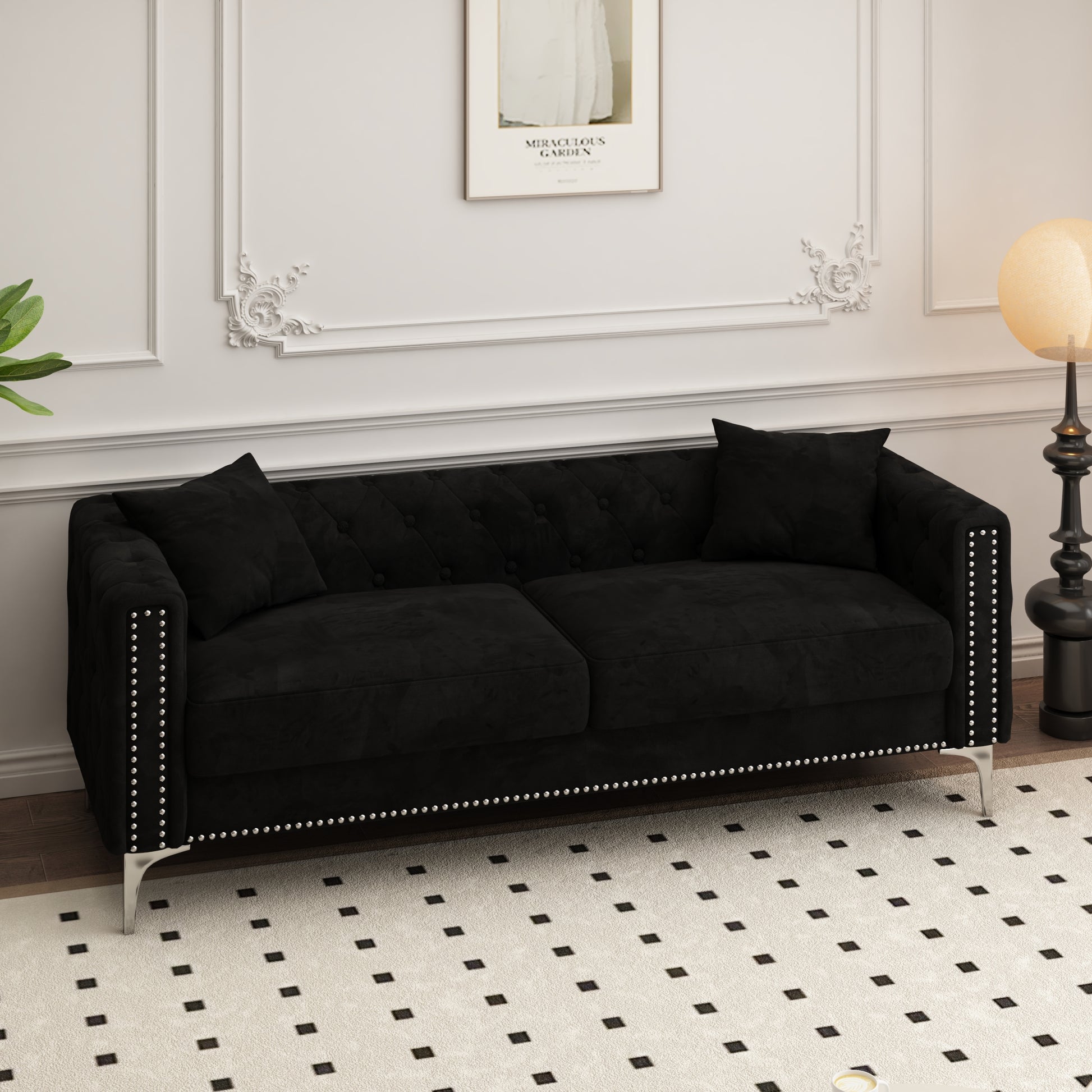 Sofa Includes 2 Pillows, 83 "Black Velvet Triple Sofa, Suitable For Large And Small Spaces Black Velvet