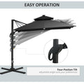 10Ft Cantilever Patio Umbrella With Solar Led Lights, Double Top Square Outdoor Offset Umbrella With 360 Rotation, 4 Position Tilt, Crank & Cross Base For Garden, Deck, Pool, Dark Gray Gray Polyester