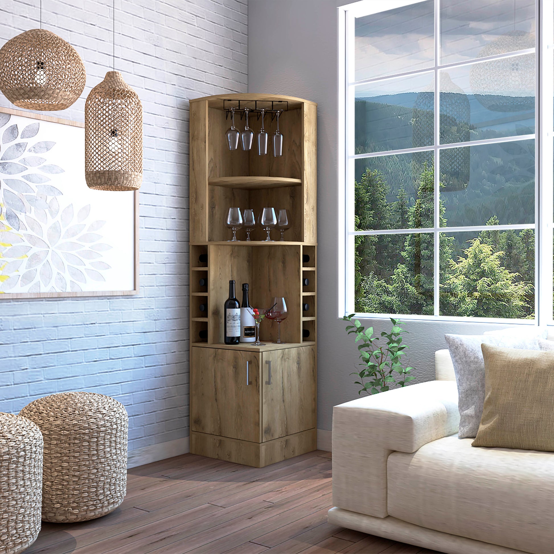 Corner Bar Cabinet Papprika, Living Room, Aged Oak Beige Particle Board Engineered Wood