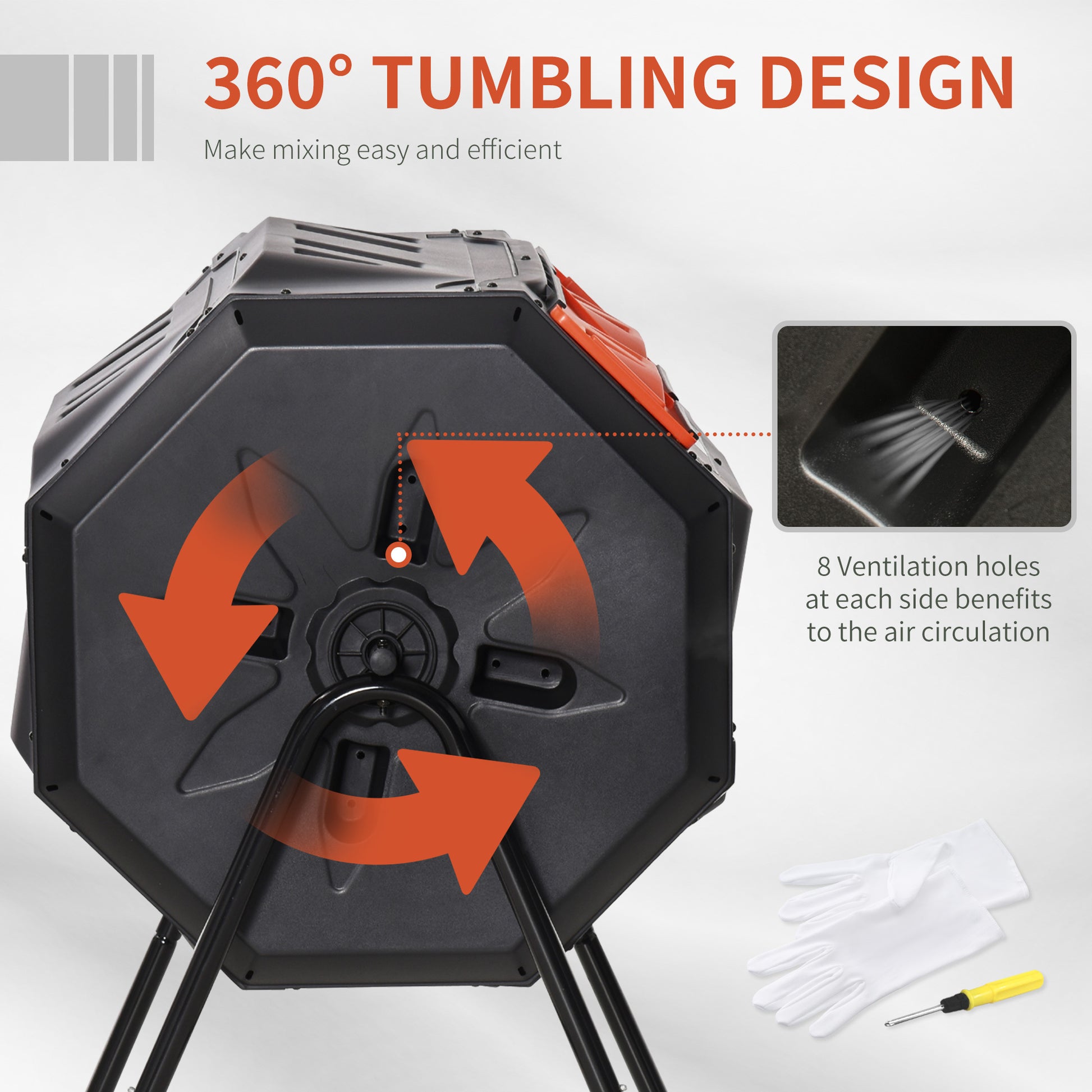 Tumbling Compost Bin Outdoor 360 Dual Rotating Composter 43 Gallon, Orange Orange Steel