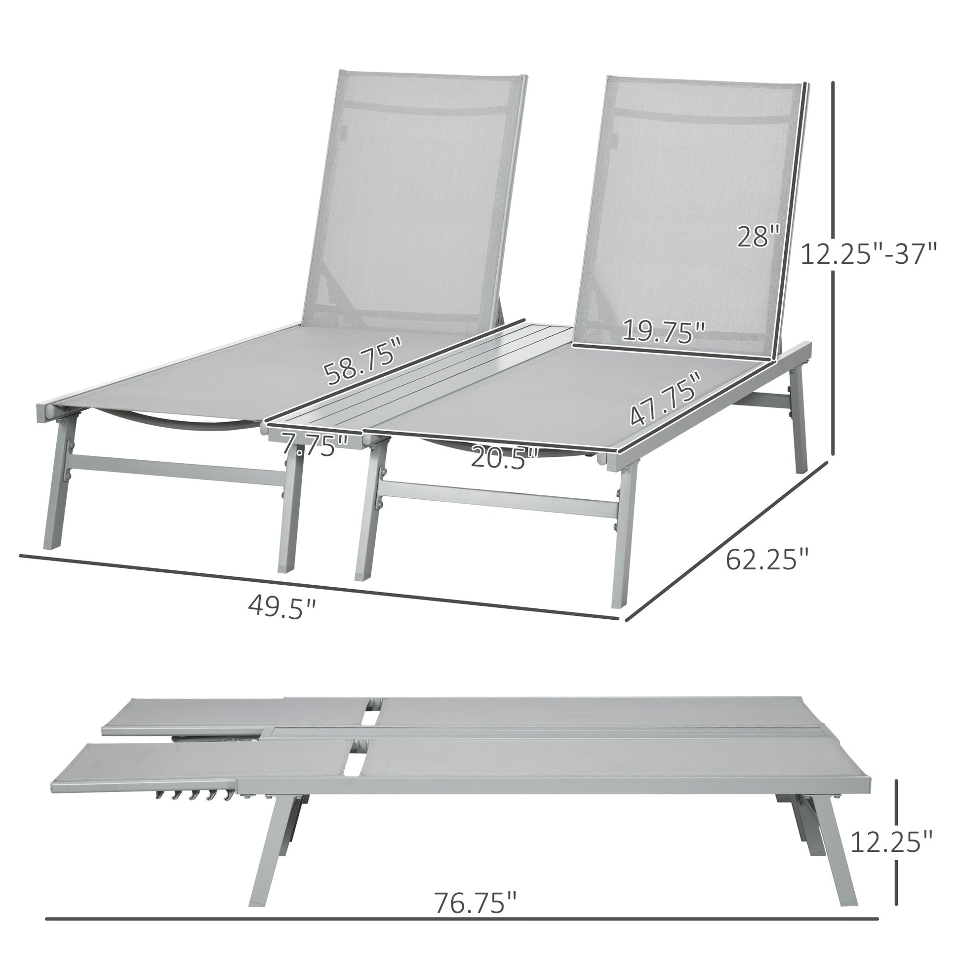 Chaise Lounge Pool Chairs Set Of 2, Aluminum Outdoor Sun Tanning Chairs With Five Position Reclining Back, Shelf &Mesh For Beach, Yard, Patio, Light Gray Gray Metal