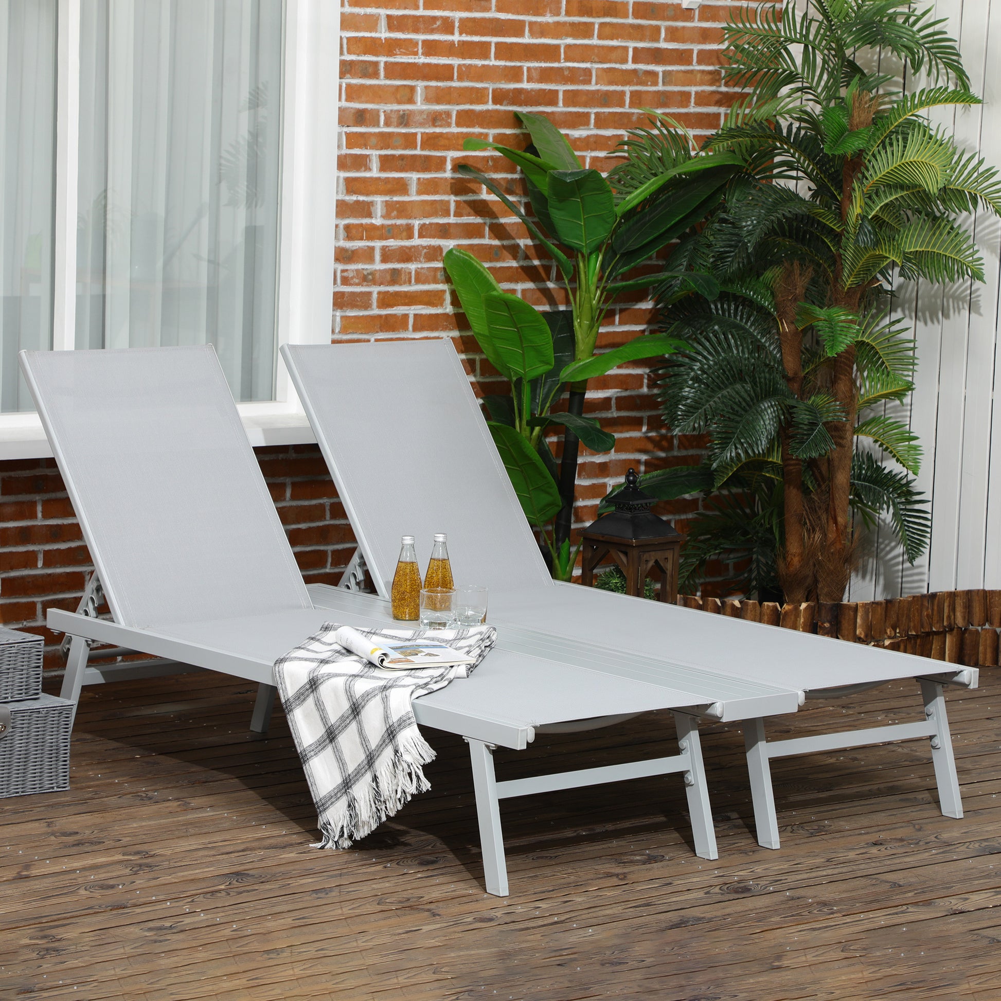 Chaise Lounge Pool Chairs Set Of 2, Aluminum Outdoor Sun Tanning Chairs With Five Position Reclining Back, Shelf &Mesh For Beach, Yard, Patio, Light Gray Gray Metal