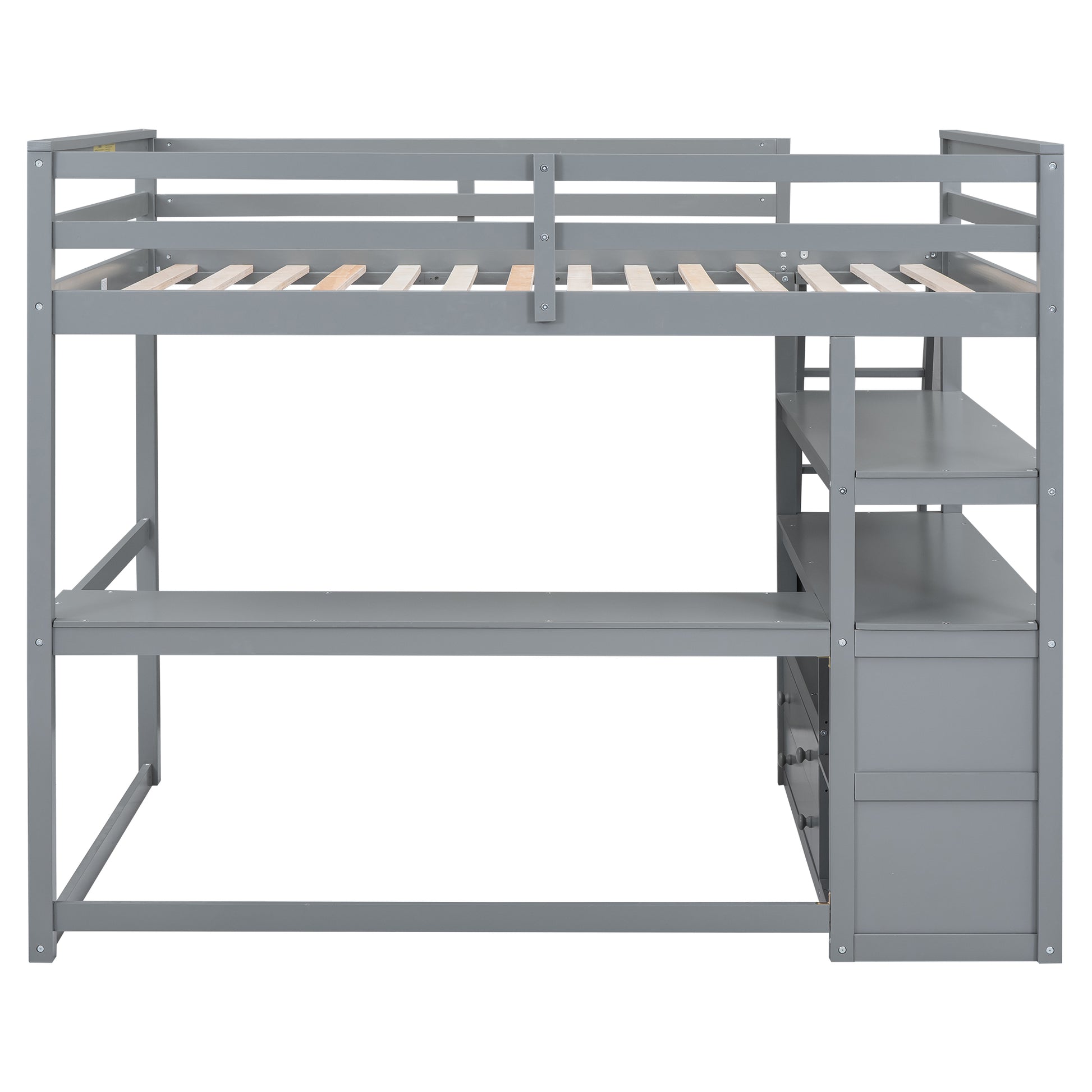 Full Size Loft Bed With Desk And Shelves,Two Built In Drawers,Gray Old Sku: Gx000416Aae Box Spring Not Required Full Gray Wood Bedroom Pine