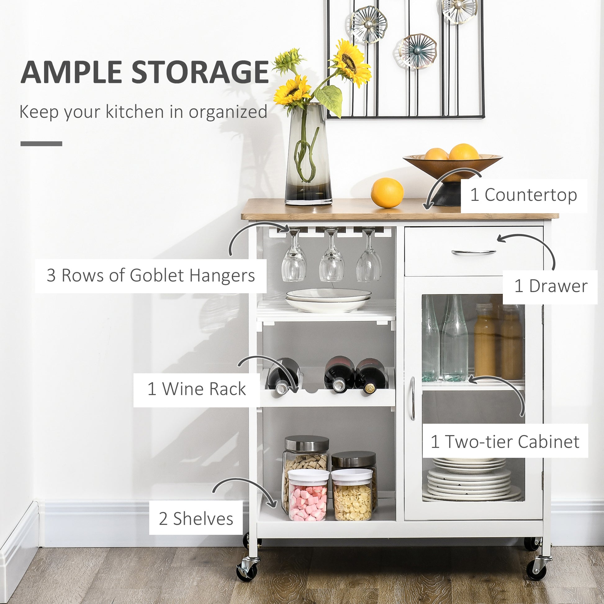 Rolling Kitchen Island With Storage, Kitchen Cart With 4 Bottle Wine Rack, Bar Cart With Stemware Holder, Shelves, Drawer And Cabinet, White White Engineered Wood