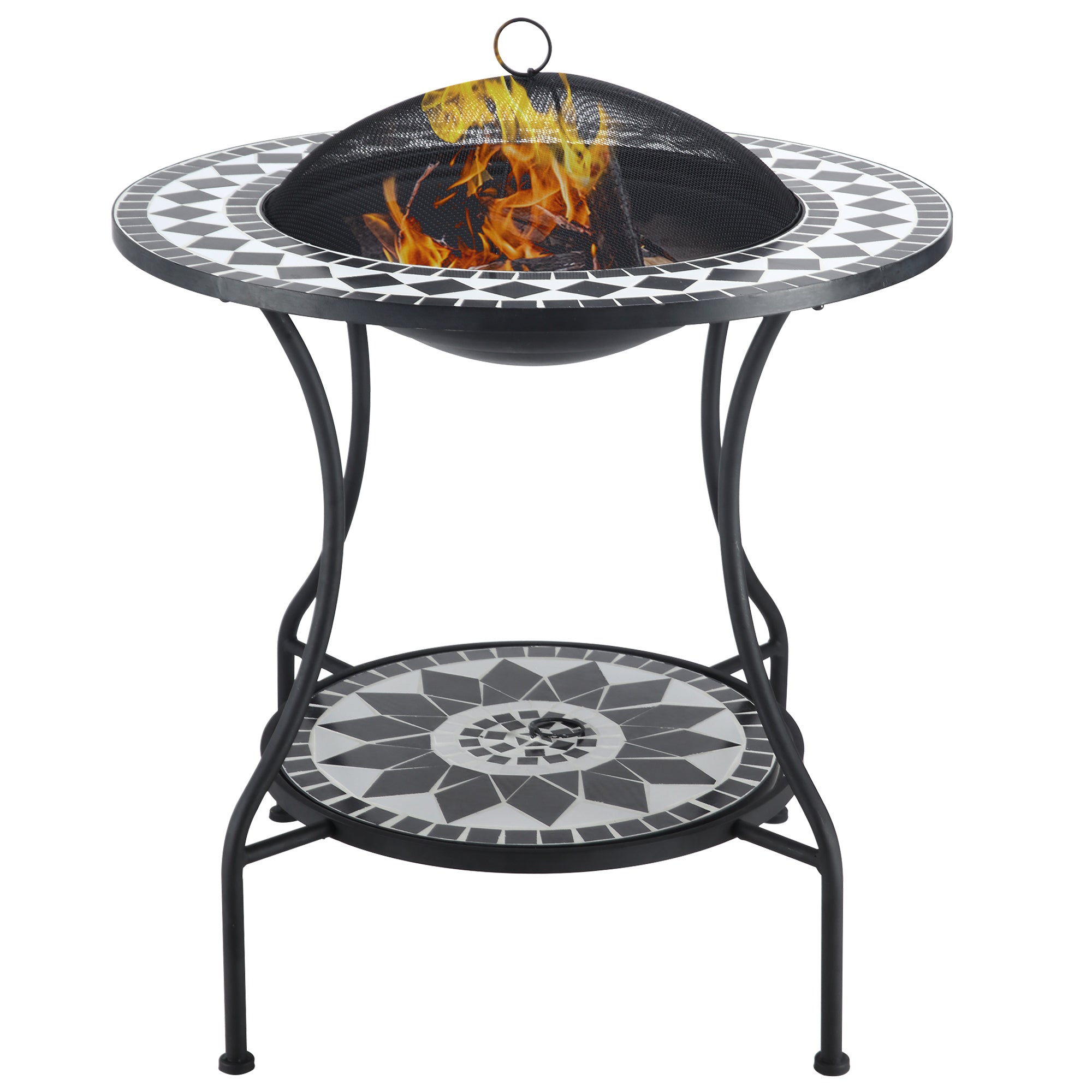 30" Outdoor Fire Pit Dining Table, 3 In 1 Round Wood Burning Fire Pit Bowl, Patio Ice Bucket With Storage Shelf, Spark Screen Cover For Bbq, Bonfire, Camping, Mosaic Black Steel