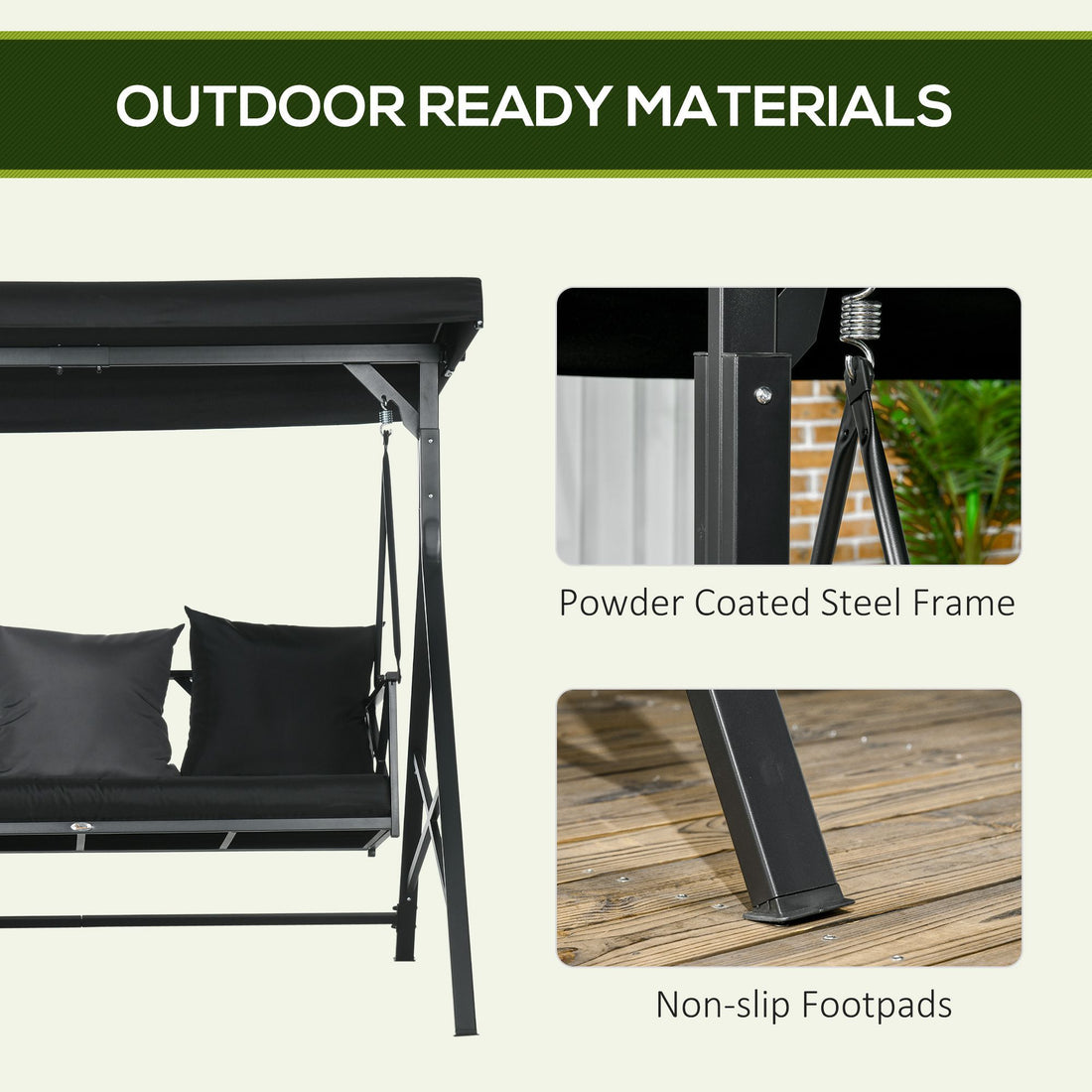 3 Seat Patio Swing Chair, Porch Swing Glider With Cushion, 3 Throw Pillows & Adjustable Canopy For Porch, Garden, Poolside, Backyard, Black Black Steel
