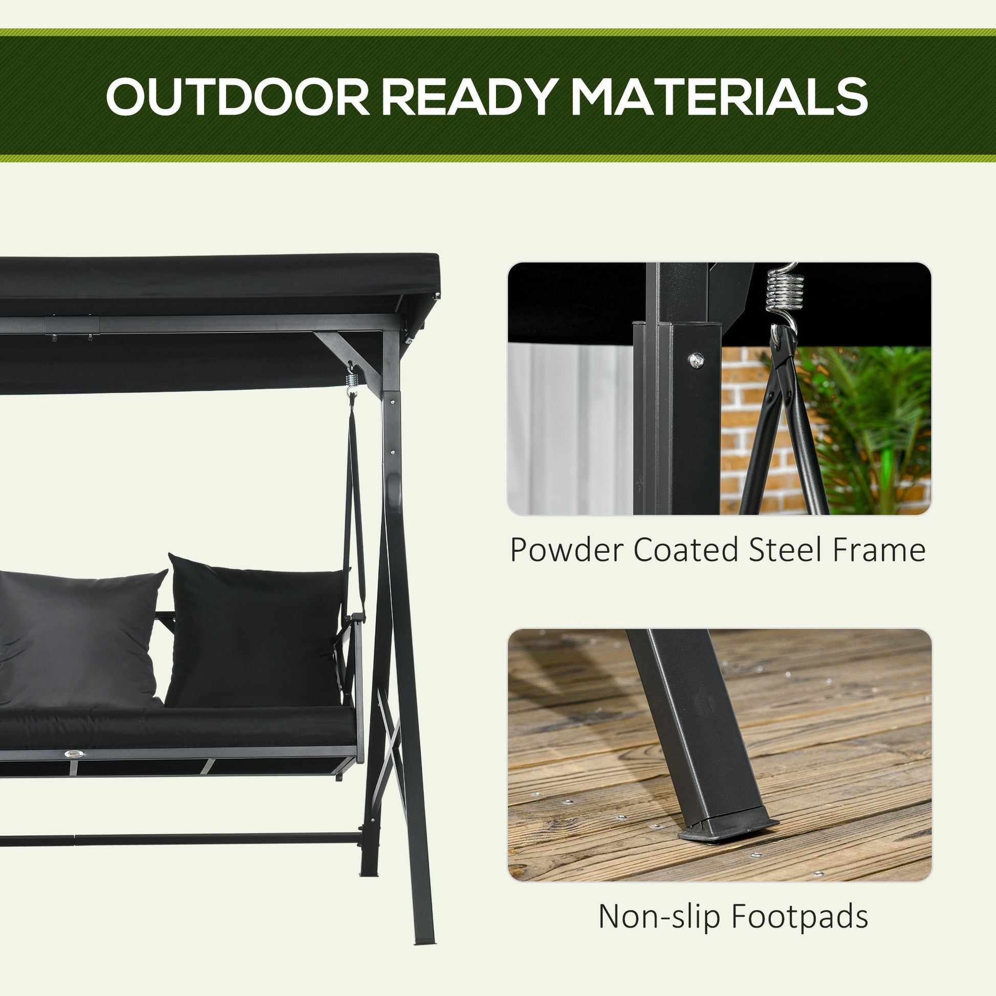 3 Seat Patio Swing Chair, Porch Swing Glider With Cushion, 3 Throw Pillows & Adjustable Canopy For Porch, Garden, Poolside, Backyard, Black Black Steel