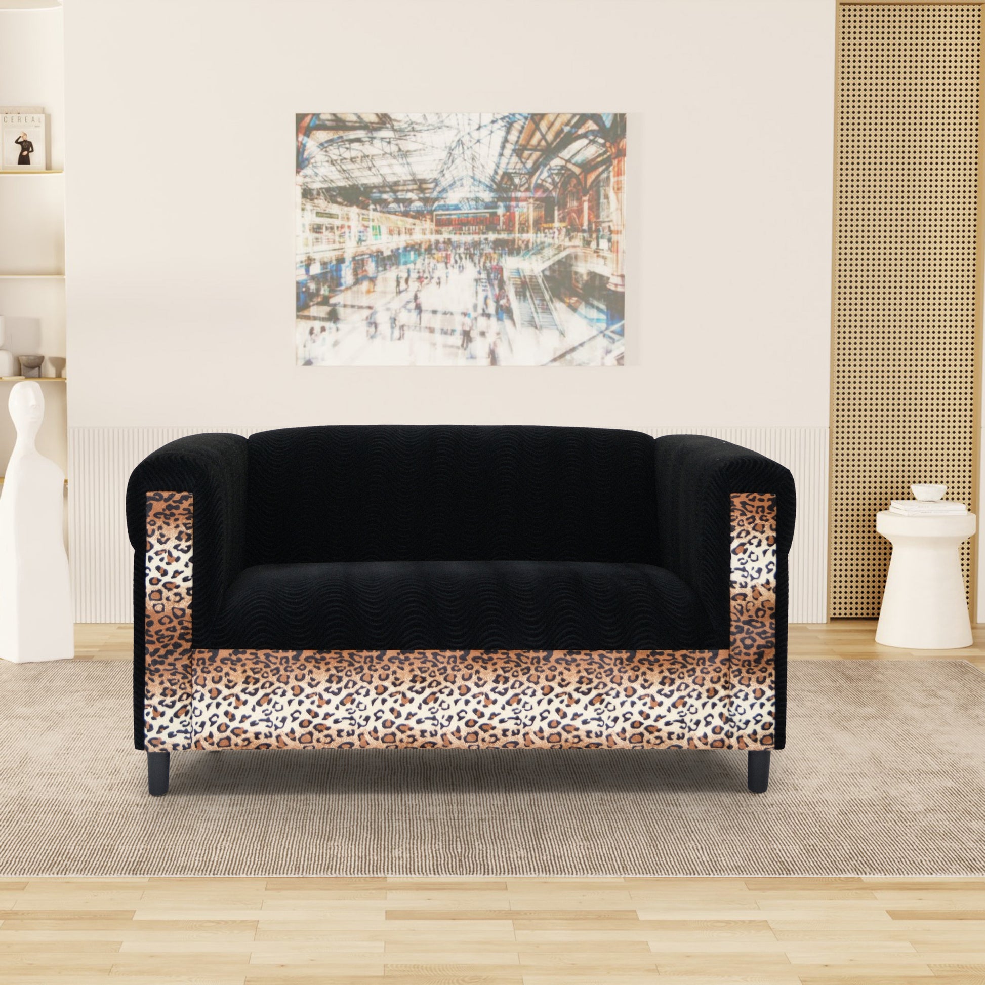 Black Velvet Loveseat Sofa For Living Room With Leopard Print, Modern D Cor Beautiful Seat Mini Small Couches For Small Spaces And Bedroom With Solid Wood Frame Black Wood Foam Velvet