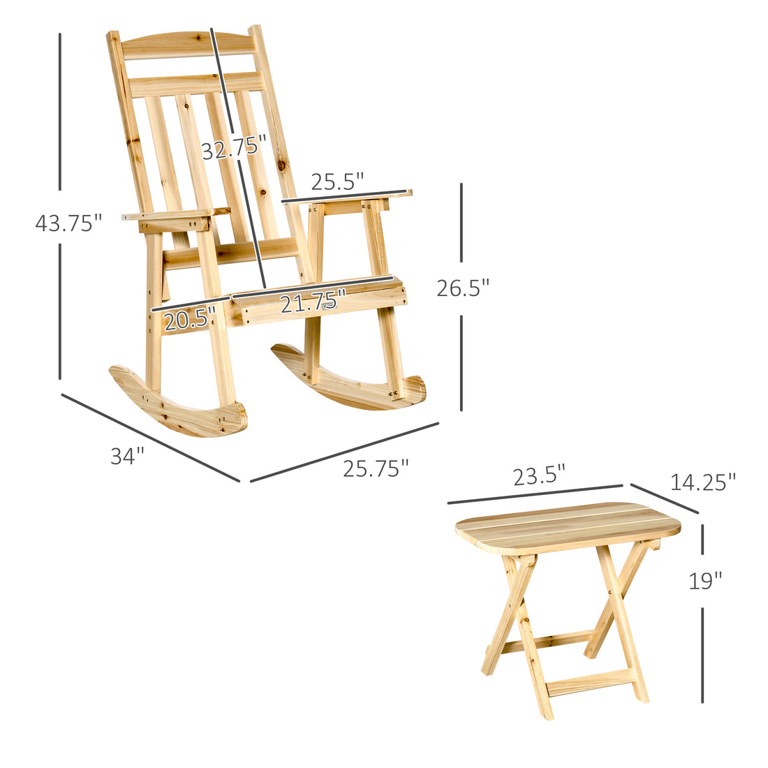 2 Pieces Wood Patio Bistro Set, Outdoor Rocking Chair Set With Armrests And High Back Rocking Chair And Portable Side Table, For Indoor, Outdoor, Patio, Backyard, Natural Natural Wood