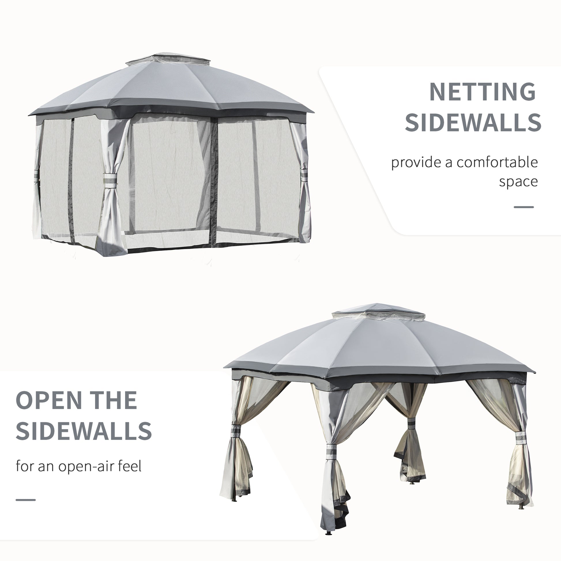 10' X 12' Outdoor Gazebo, Patio Gazebo Canopy Shelter W Double Vented Roof, Zippered Mesh Sidewalls, Solid Steel Frame, Grey Grey Polyester