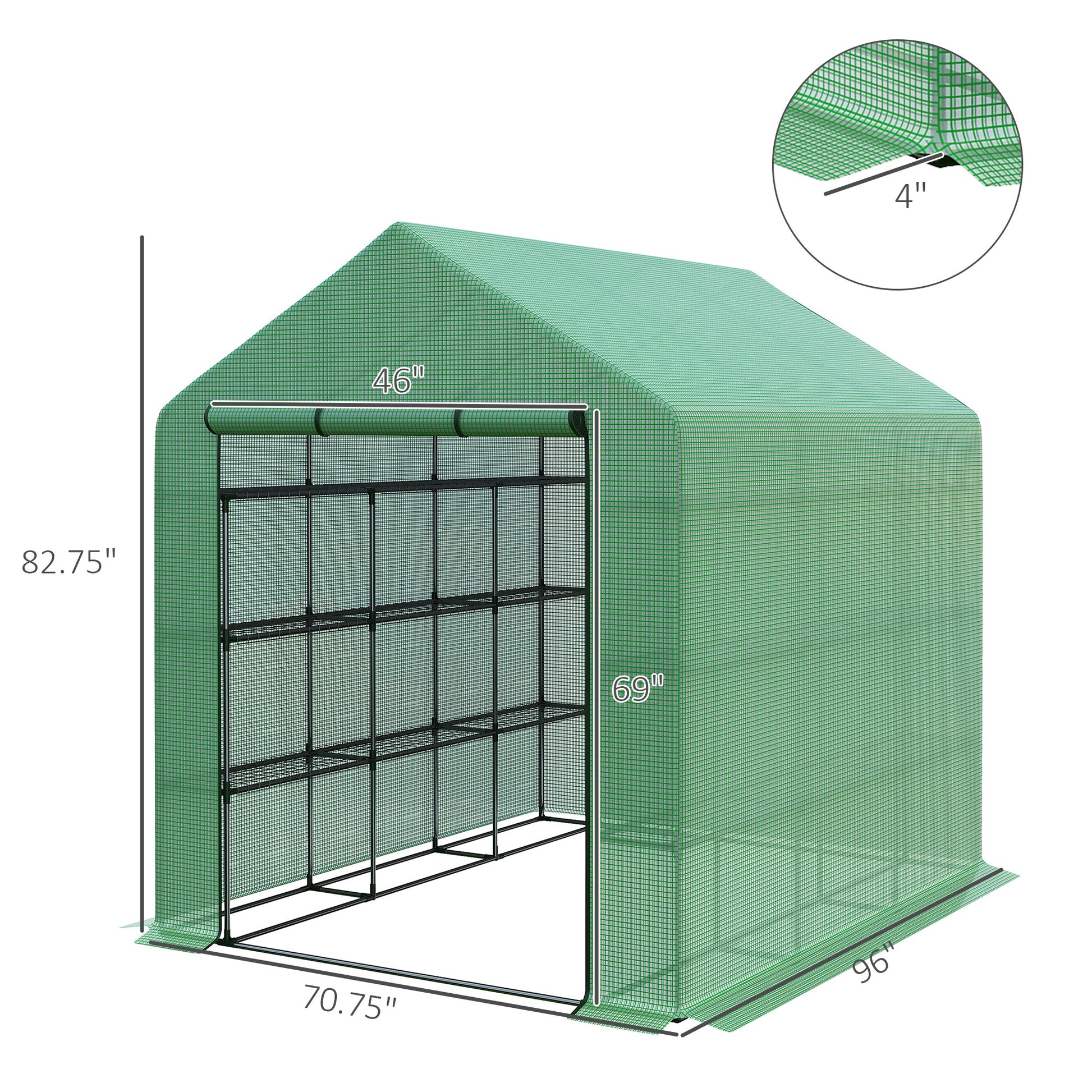 Walk In Greenhouse For Outdoors With Roll Up Zipper Door, 18 Shelves, Pe Cover, Small & Portable Build, Heavy Duty Humidity Seal, 95.25" X 70.75" X 82.75", Green Green Polyethylene