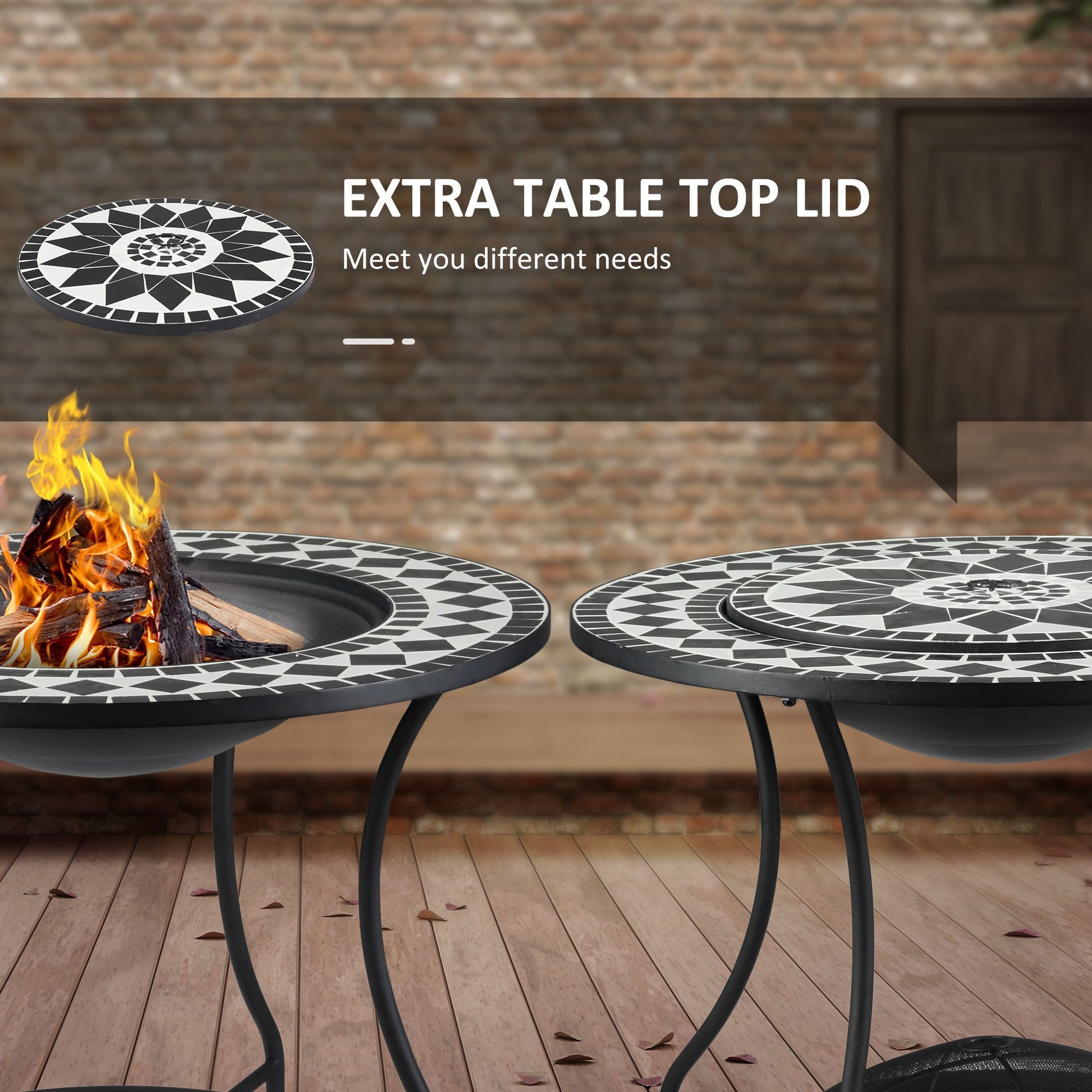 30" Outdoor Fire Pit Dining Table, 3 In 1 Round Wood Burning Fire Pit Bowl, Patio Ice Bucket With Storage Shelf, Spark Screen Cover For Bbq, Bonfire, Camping, Mosaic Black Steel