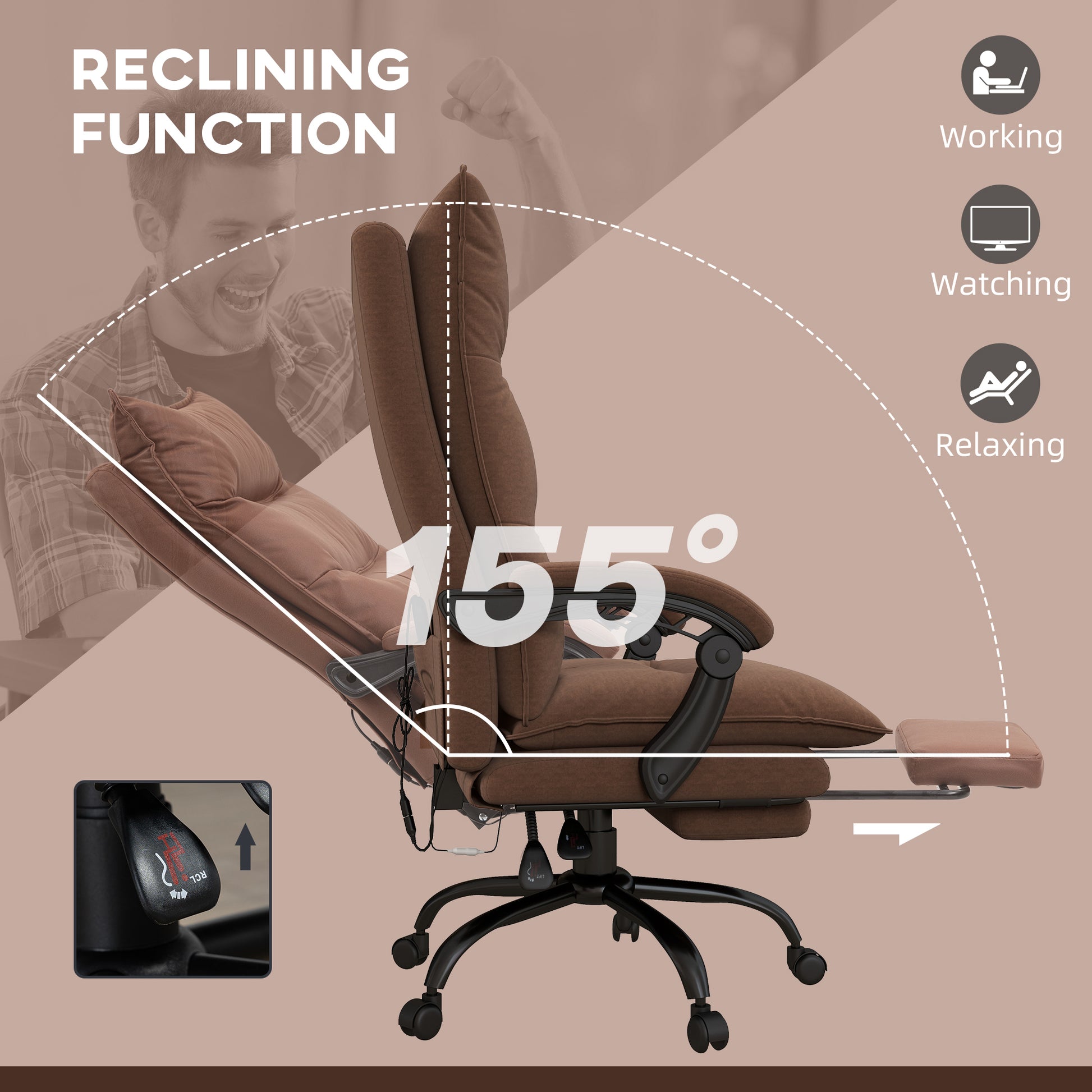 Executive Massage Office Chair With 6 Vibration Points, Microfiber Computer Desk Chair, Heated Reclining Chair With Footrest, Armrest, Double Padding, Brown Brown Polyester