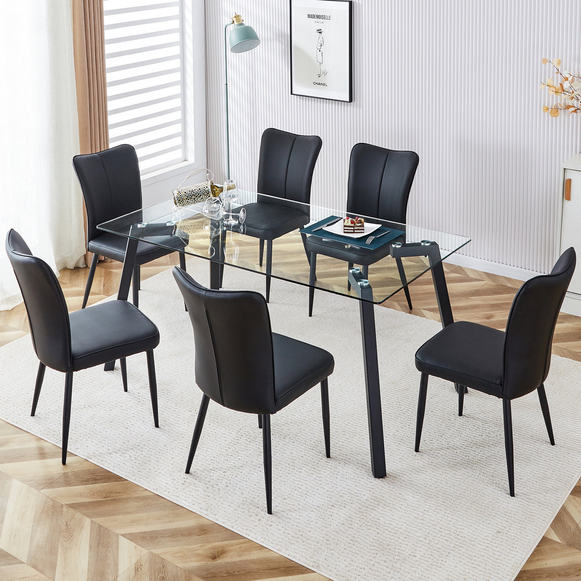 Table And Chair Set. 1 Table And 6 Black Chairs. Glass Dining Table With 0.31 Inch Tempered Glass Tabletop And Black Coated Metal Legs. Equipped With Black Pu Chairs 1123 008 Transparent Glass