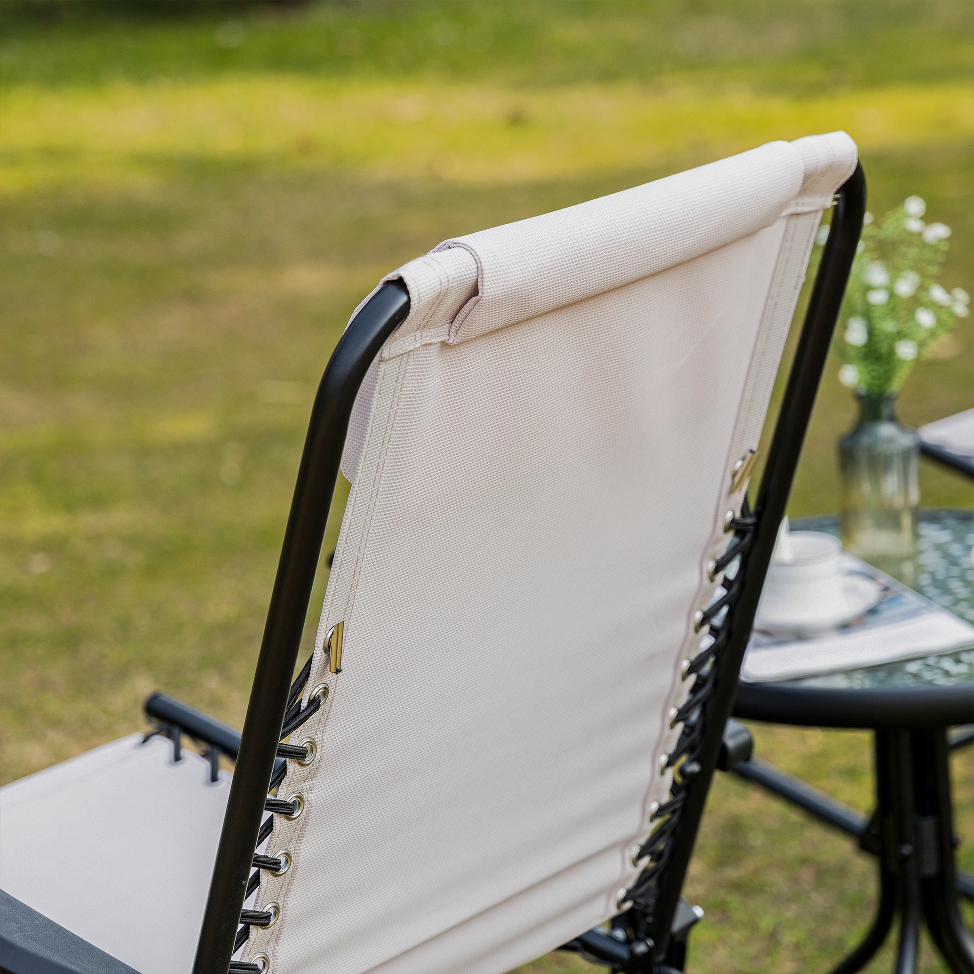 Oversized Folding Rocking Camping Chair Set Of 2, Outdoor Rockers With Headrests, Zero Gravity Bungee Lawn Chairs For 2 Adults, Cream White White Steel