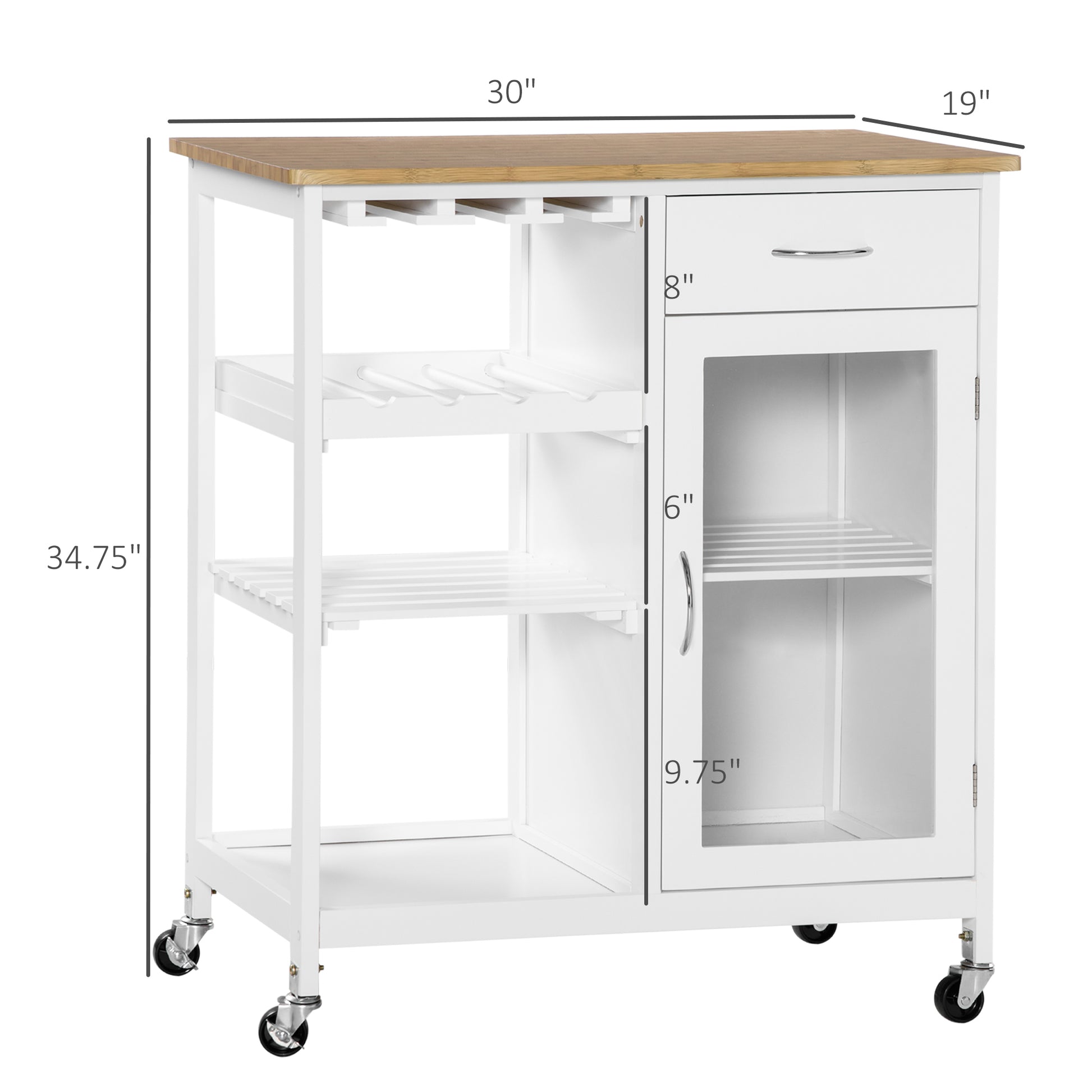 Rolling Kitchen Island With Storage, Kitchen Cart With 4 Bottle Wine Rack, Bar Cart With Stemware Holder, Shelves, Drawer And Cabinet, White White Engineered Wood