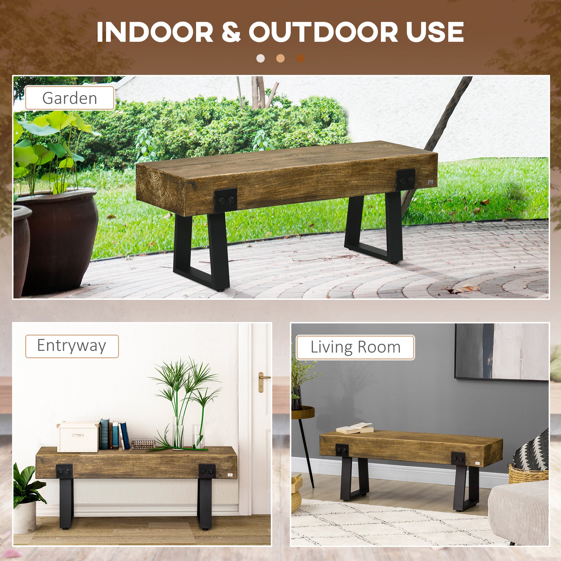 Garden Bench With Metal Legs, Rustic Wood Effect Concrete Entryway Bench, End Of Bed Bench, Indoor Outdoor Use For Patio, Park, Porch And Lawn, Natural And Black Natural Black Metal