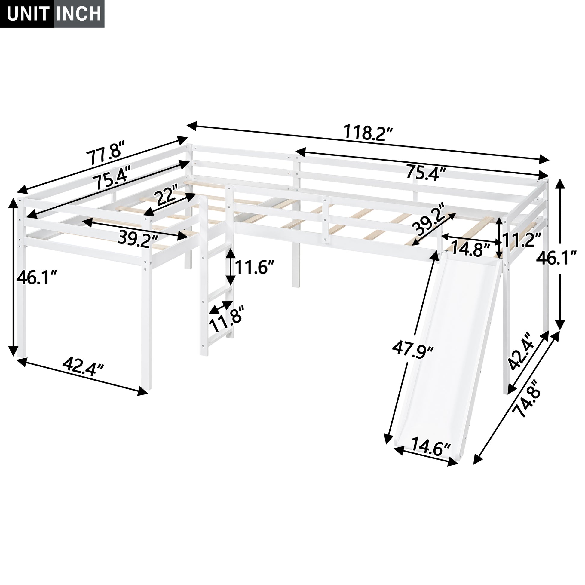L Shaped Twin Size Loft Bed With Ladder And Slide, White White Solid Wood Mdf