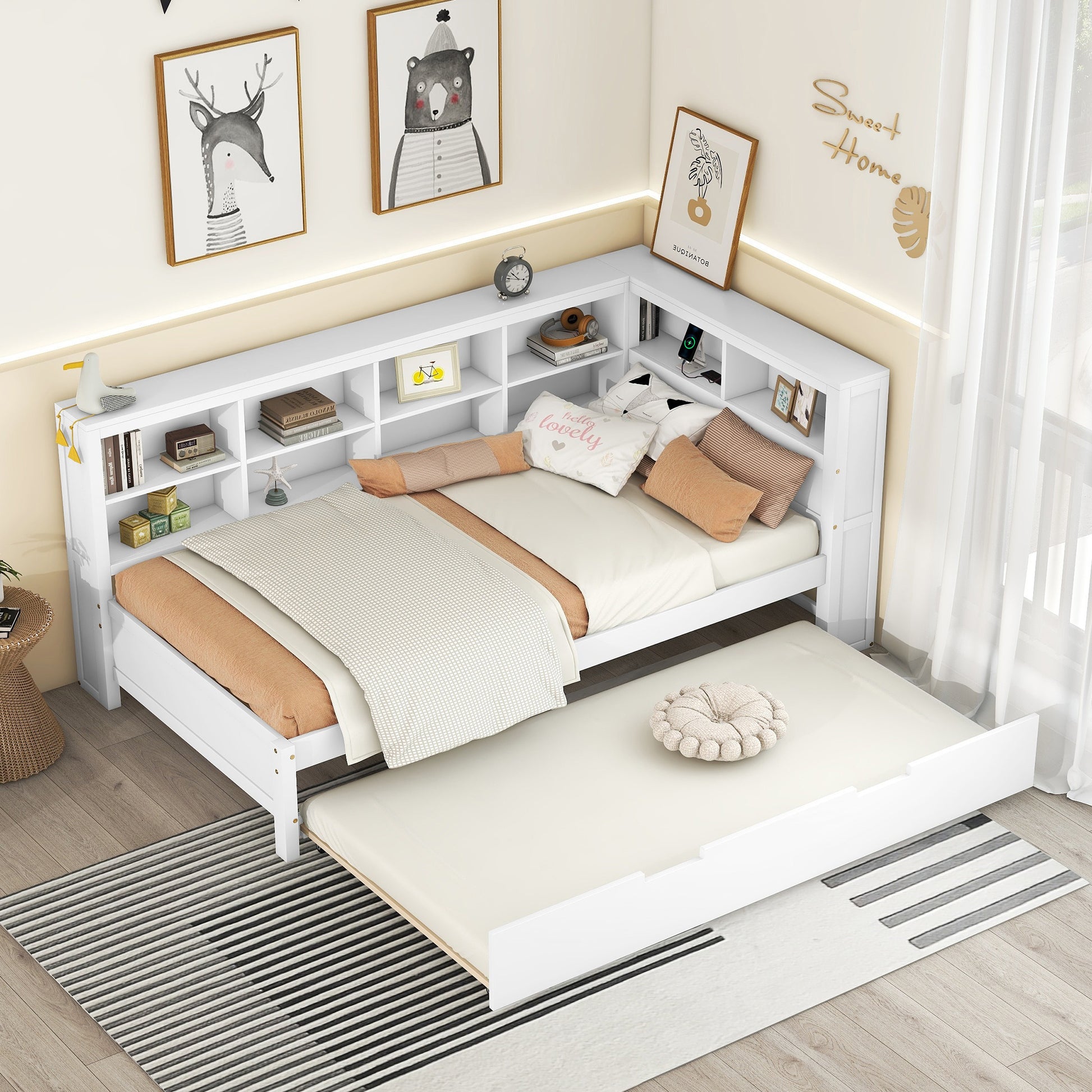 Wooden Twin Size Daybed With Twin Trundle, Daybed With Storage Shelf And Usb Charging Ports,White Twin White Wood