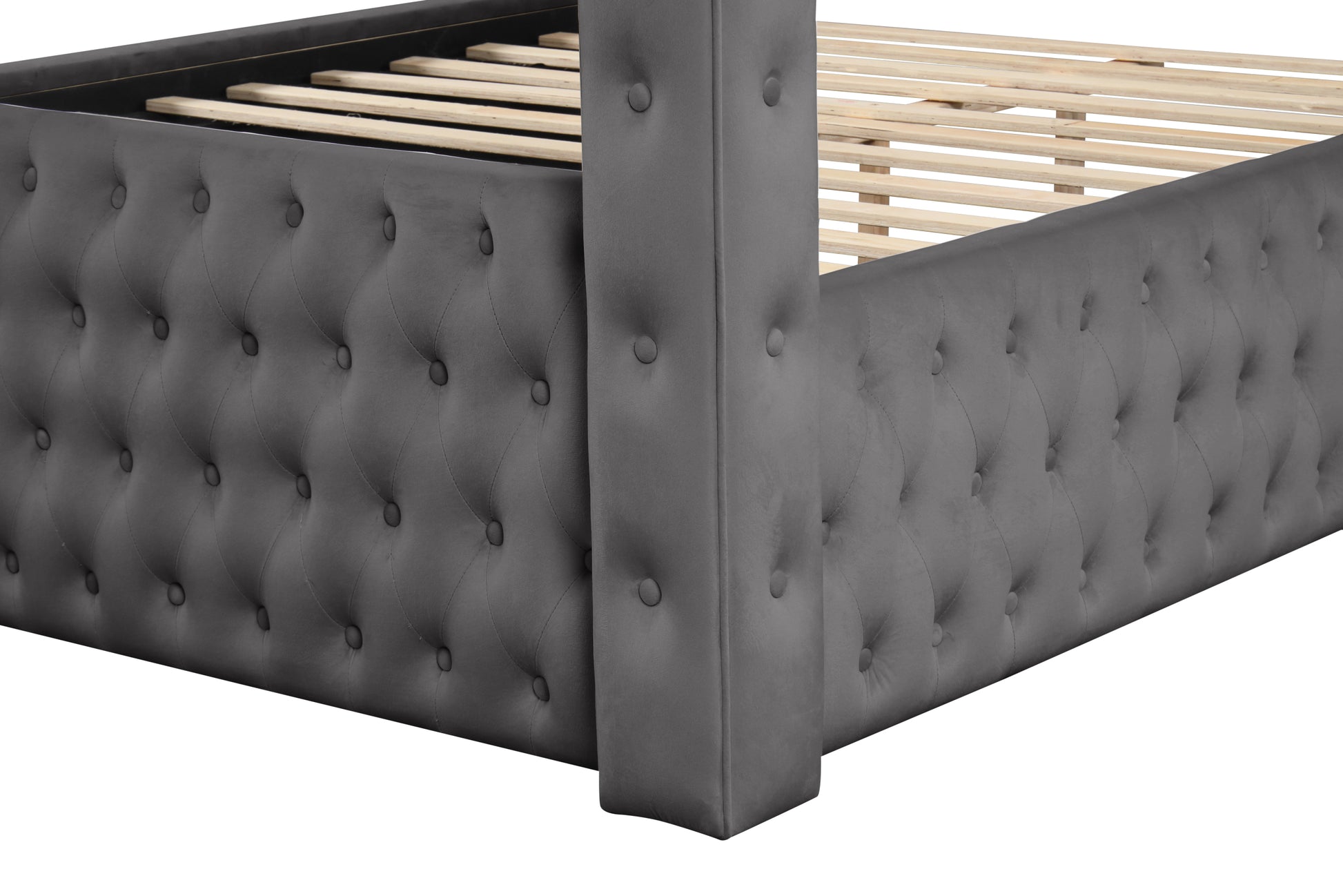 Monica Luxurious Four Poster Queen Bed Made With Wood In Gray Box Spring Not Required Queen Gray Wood Bedroom Modern Upholstered Velvet Wood