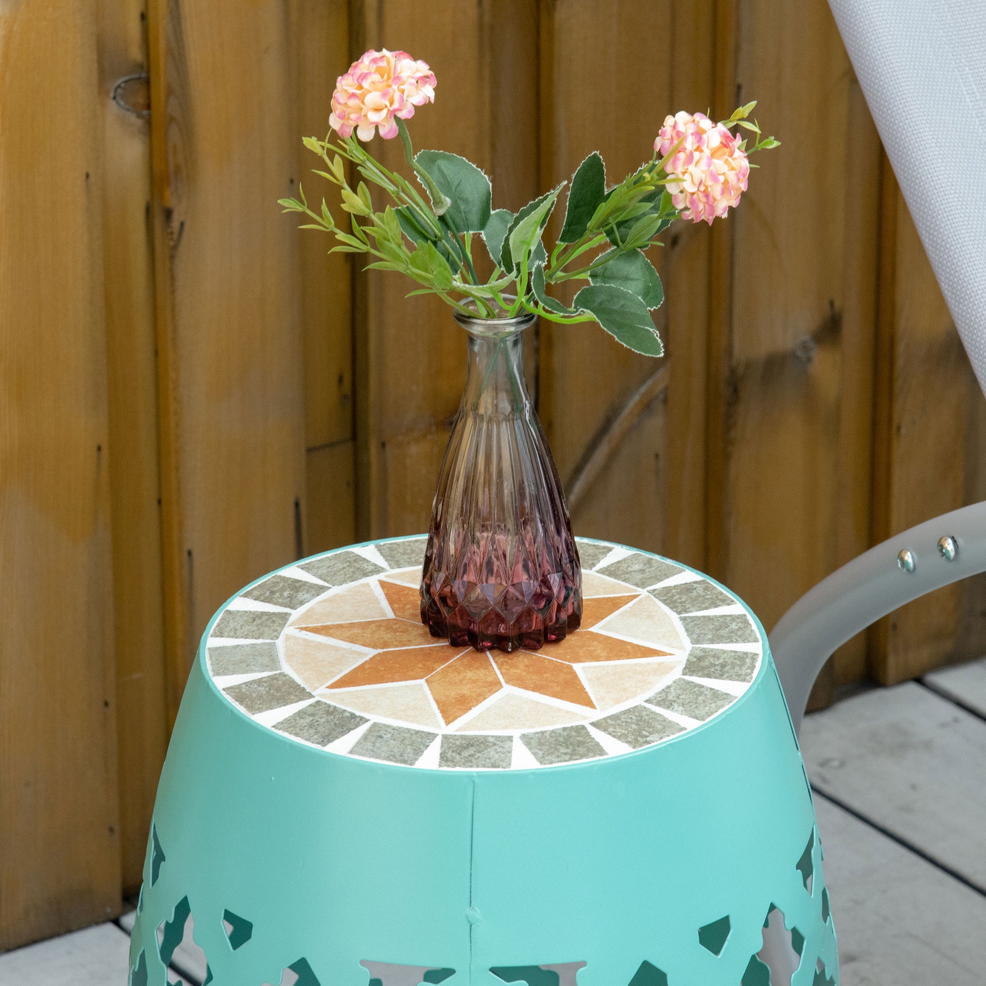 12" Patio Round Side Table, Outdoor Footstool, Garden Mosaic Accent Side Table, Plant Stand, Blue Blue Steel