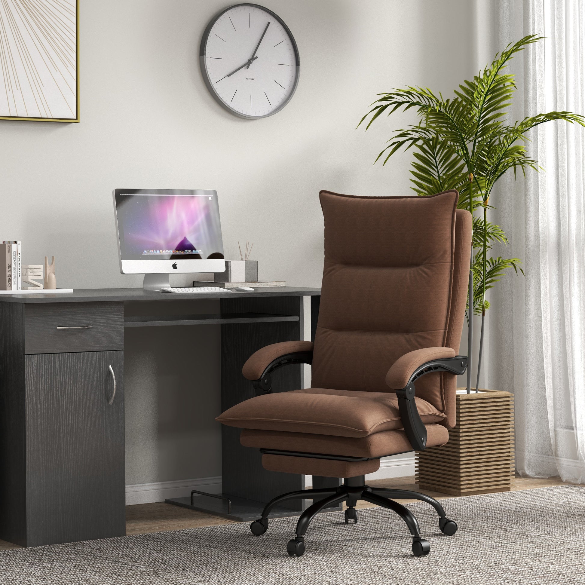 Executive Massage Office Chair With 6 Vibration Points, Microfiber Computer Desk Chair, Heated Reclining Chair With Footrest, Armrest, Double Padding, Brown Brown Polyester