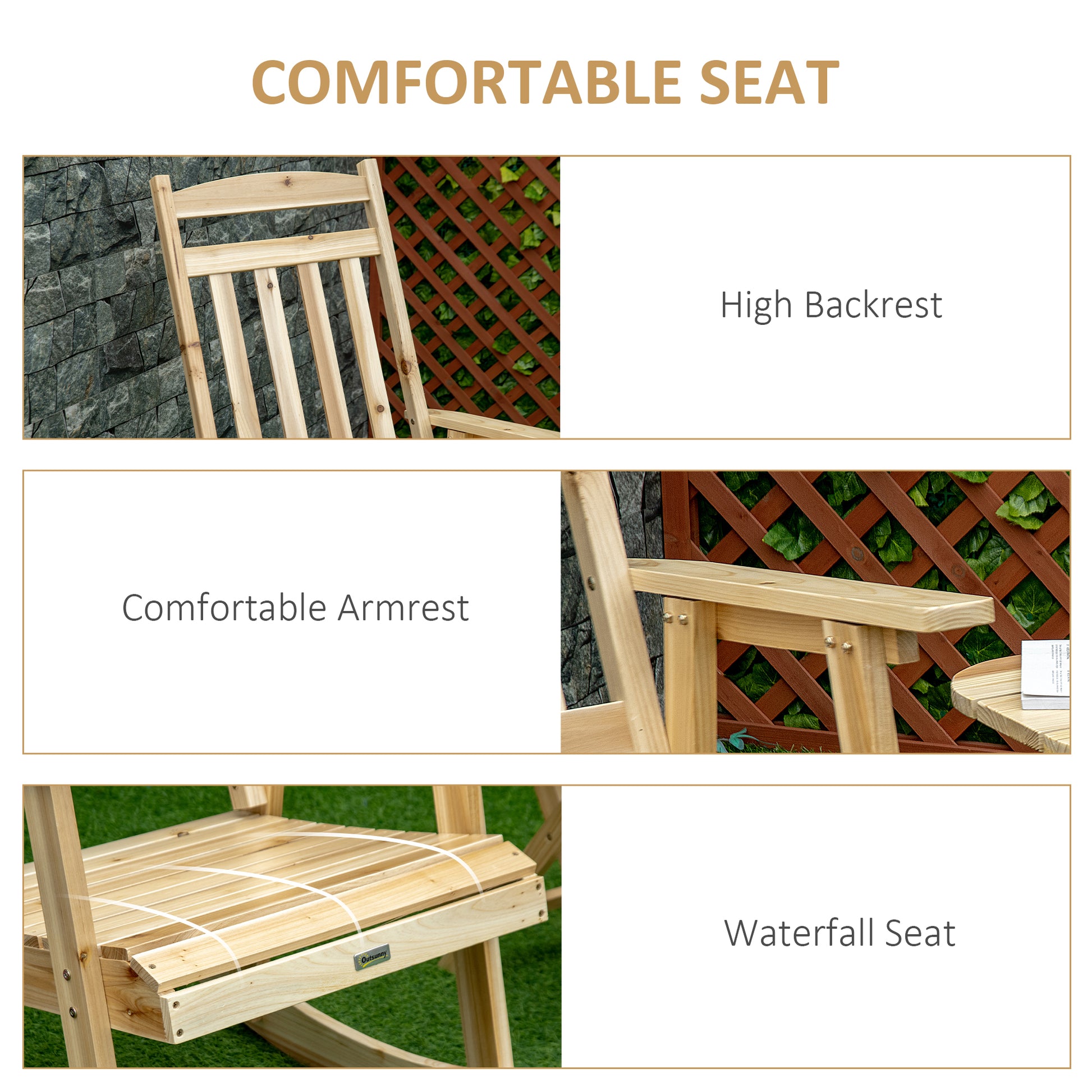 2 Pieces Wood Patio Bistro Set, Outdoor Rocking Chair Set With Armrests And High Back Rocking Chair And Portable Side Table, For Indoor, Outdoor, Patio, Backyard, Natural Natural Wood