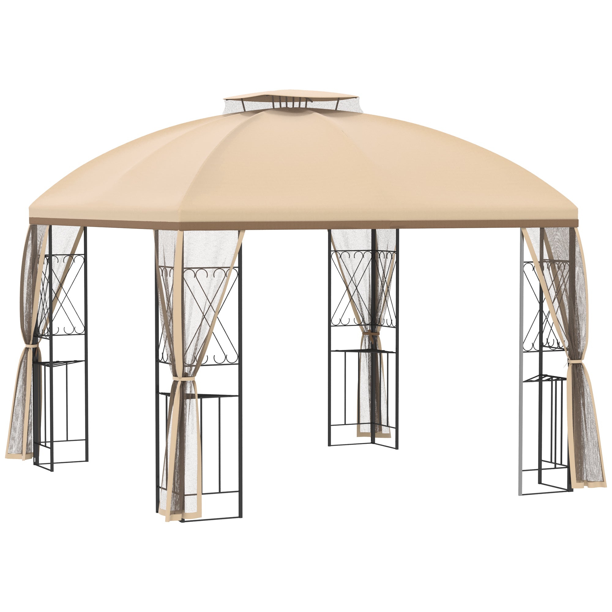 10' X 10' Patio Gazebo With Corner Shelves, Double Roof Outdoor Gazebo Canopy Shelter With Removable Mesh Netting, For Garden, Lawn, Backyard And Deck, Beige Beige Steel