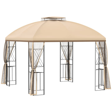 10' X 10' Patio Gazebo With Corner Shelves, Double Roof Outdoor Gazebo Canopy Shelter With Removable Mesh Netting, For Garden, Lawn, Backyard And Deck, Beige Beige Steel