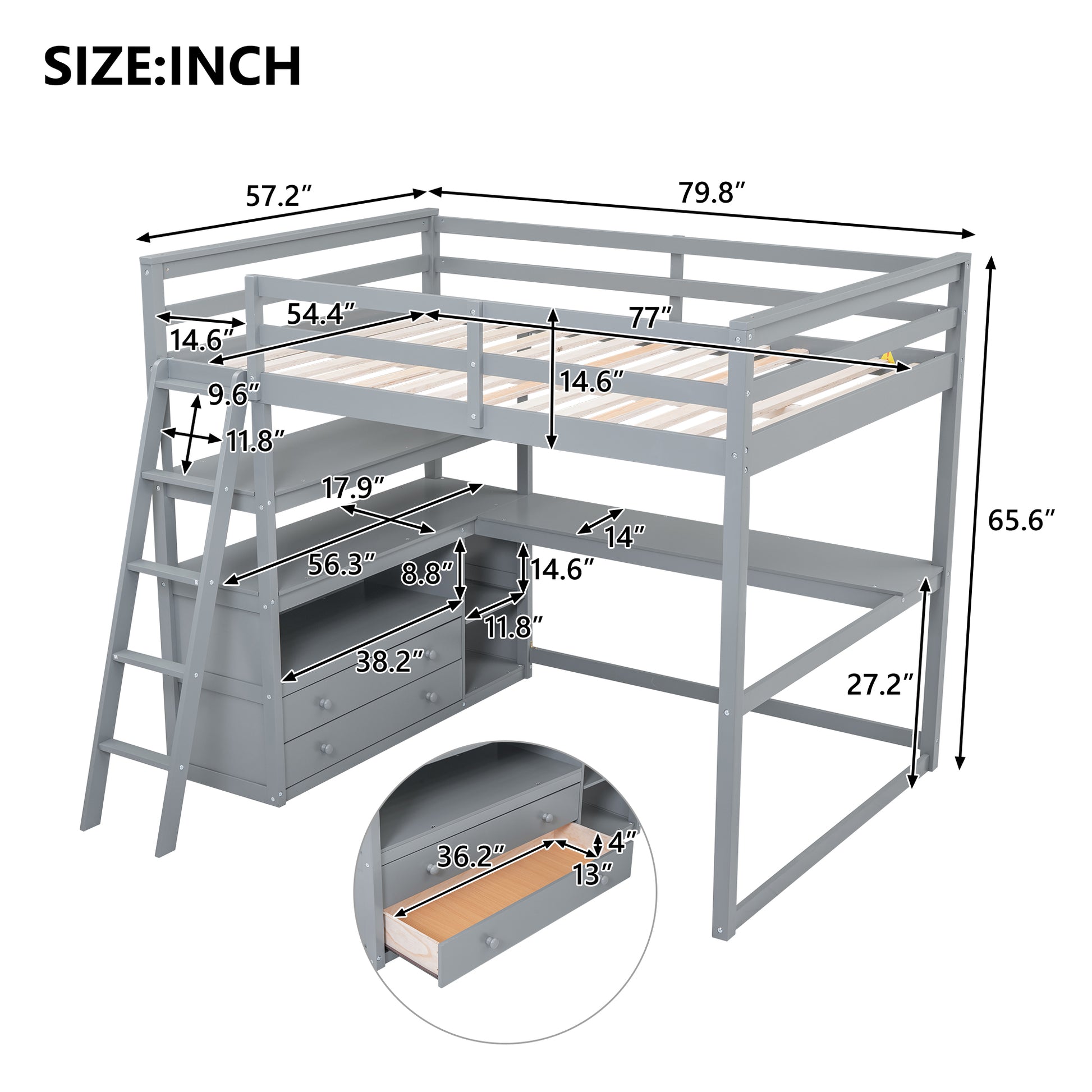 Full Size Loft Bed With Desk And Shelves,Two Built In Drawers,Gray Old Sku: Gx000416Aae Box Spring Not Required Full Gray Wood Bedroom Pine