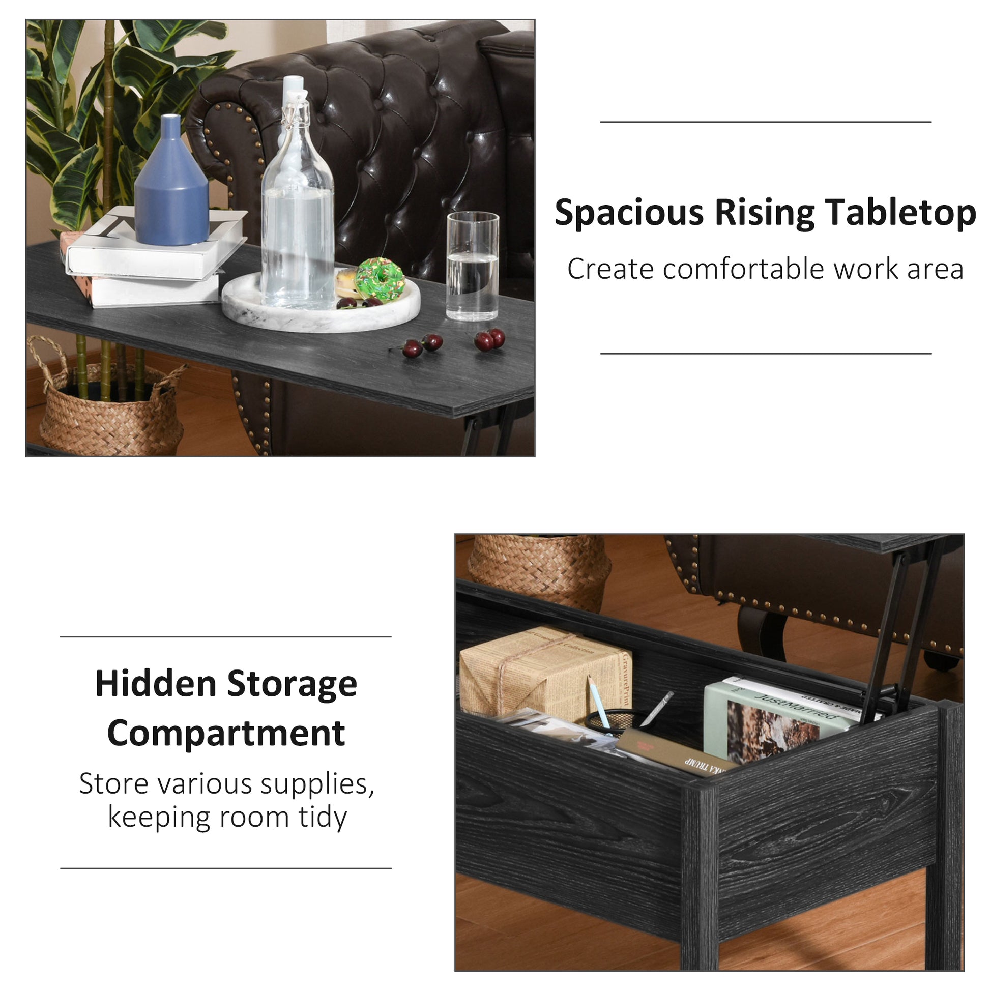 39" Modern Lift Top Coffee Table Desk With Hidden Storage Compartment For Living Room, Black Woodgrain Black Particle Board