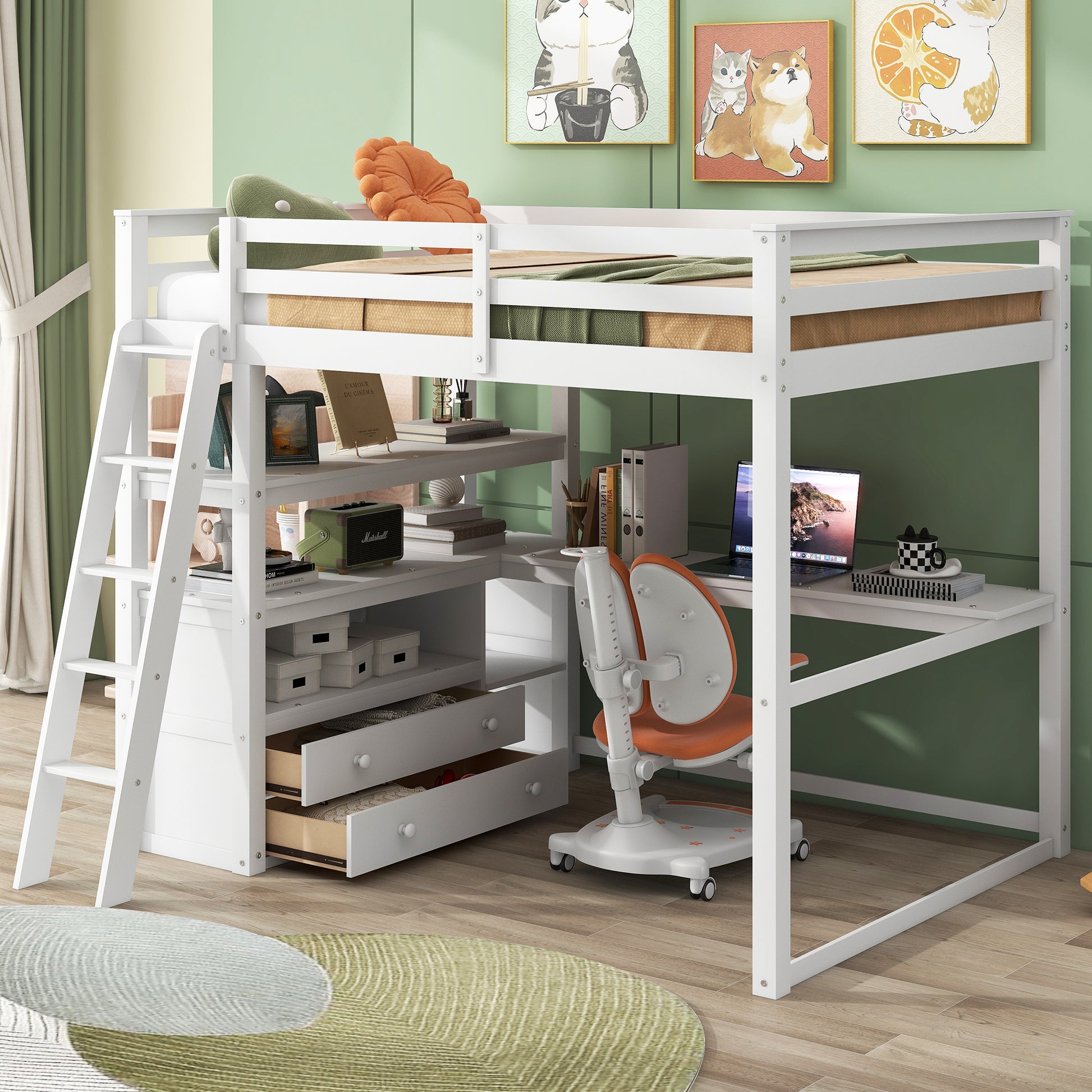 Full Size Loft Bed With Desk And Shelves,Two Built In Drawers,White Old Sku: Sm000416Aak Box Spring Not Required Full White Wood Bedroom Pine