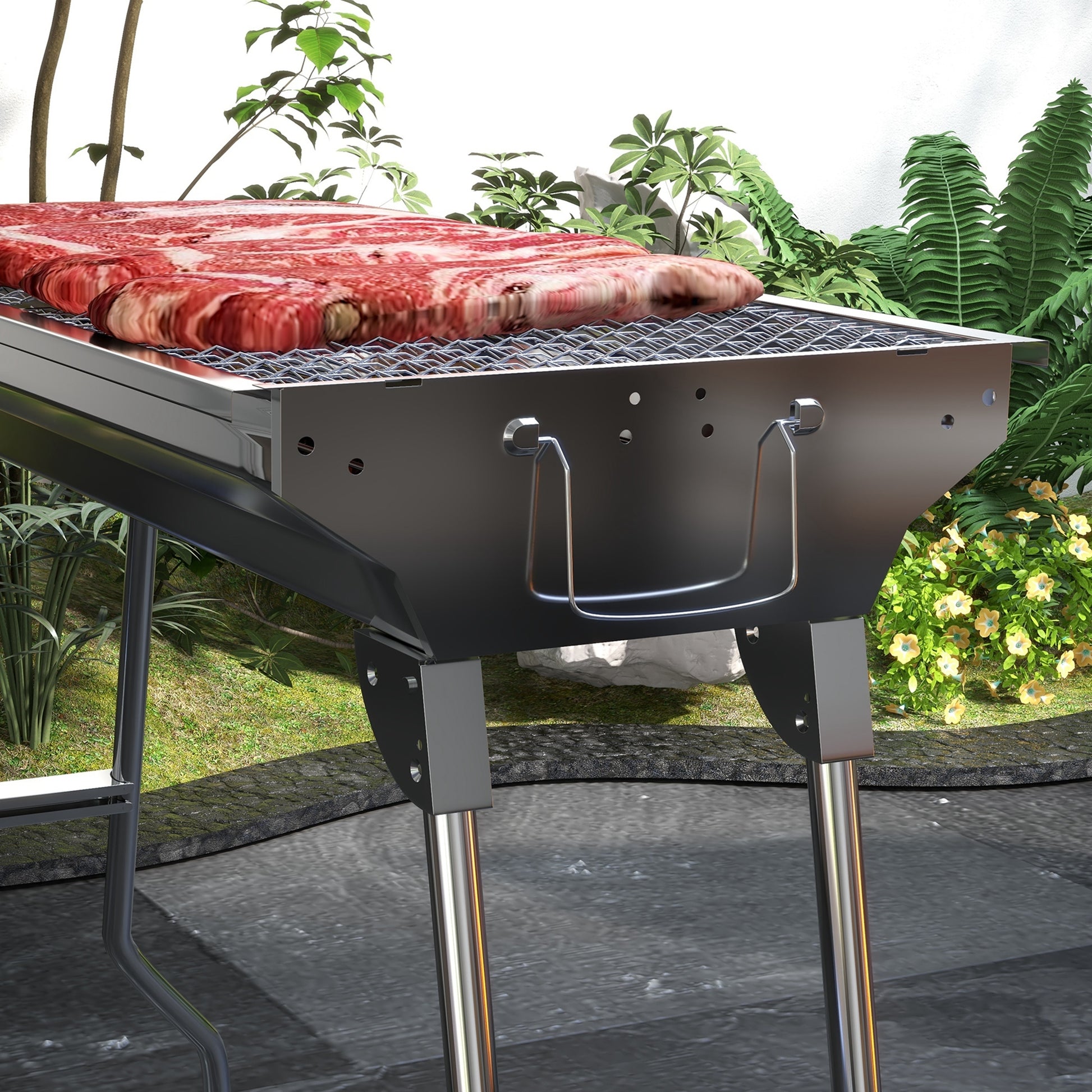 Portable Charcoal Grill, Stainless Steel Folding Outdoor Bbq Grill For Backyard Cooking, Camping, Picnic, Party, Tailgating And Travel With Pan, Grill Rack, Shelves, Hooks Silver Metal
